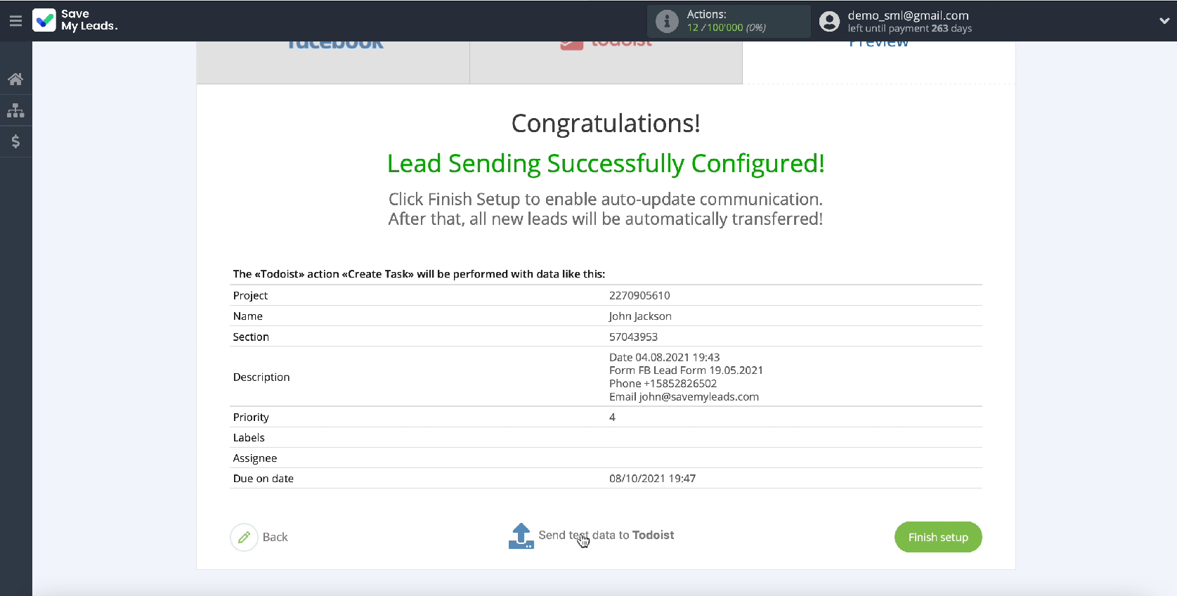 How to Create Todoist Tasks from New Facebook Leads | Send test data How to Create Todoist Tasks from New Facebook Leads | Send test data