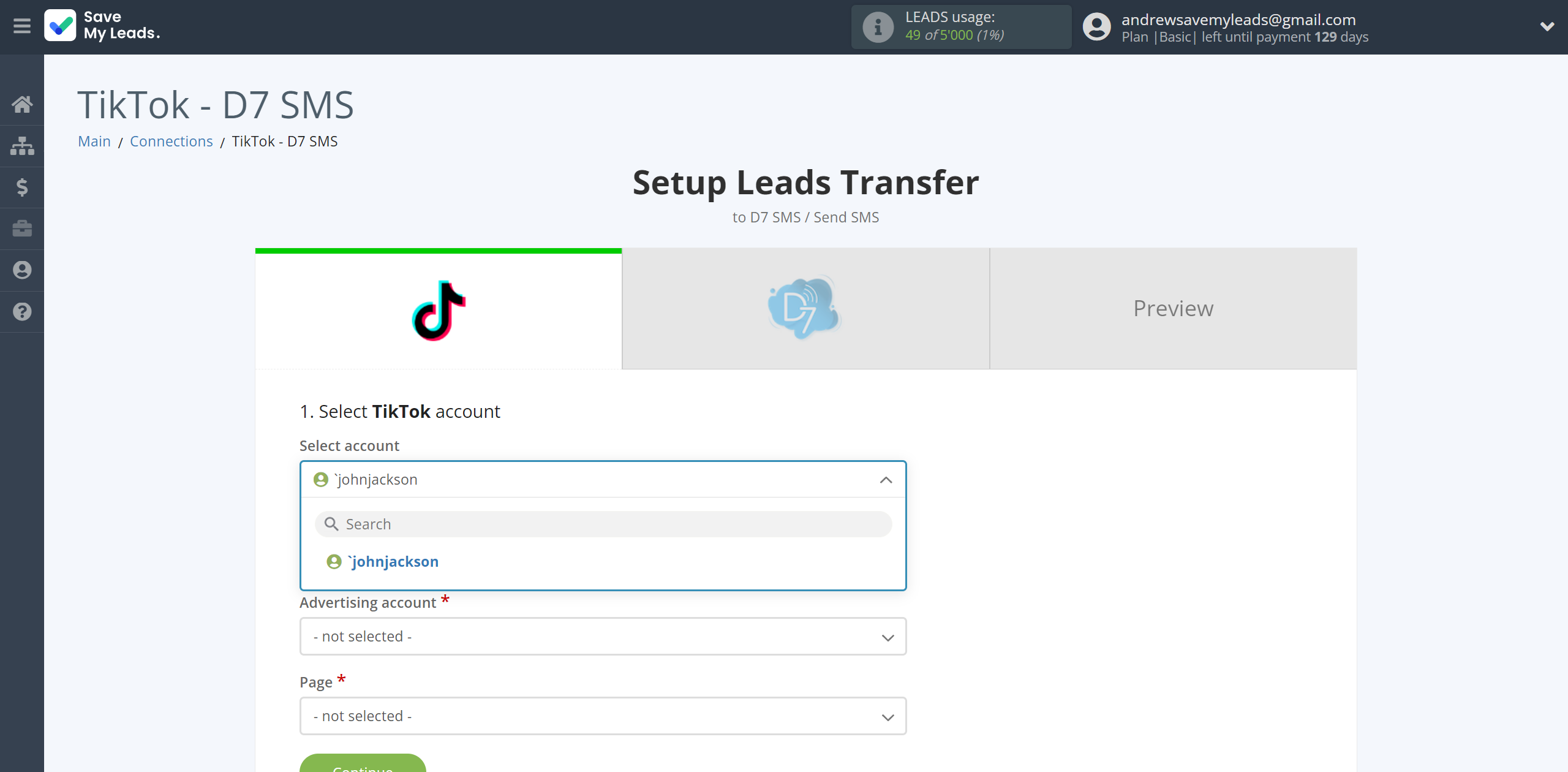 How to Connect TikTok with D7 SMS | Data Source account selection