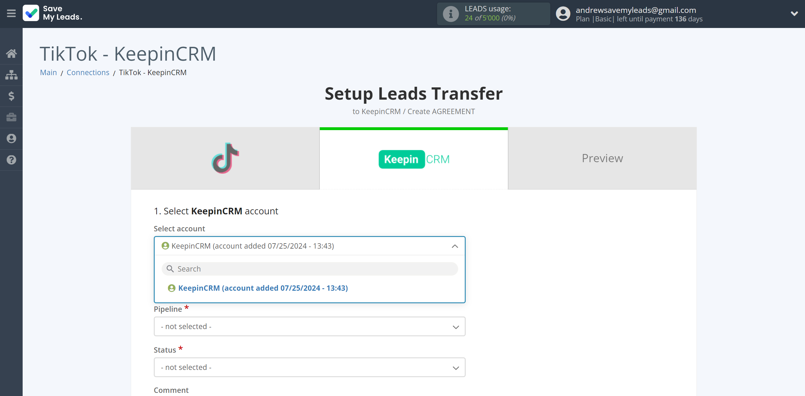 How to Connect TikTok with KeepinCRM Create Agreement | Data Destination account selection