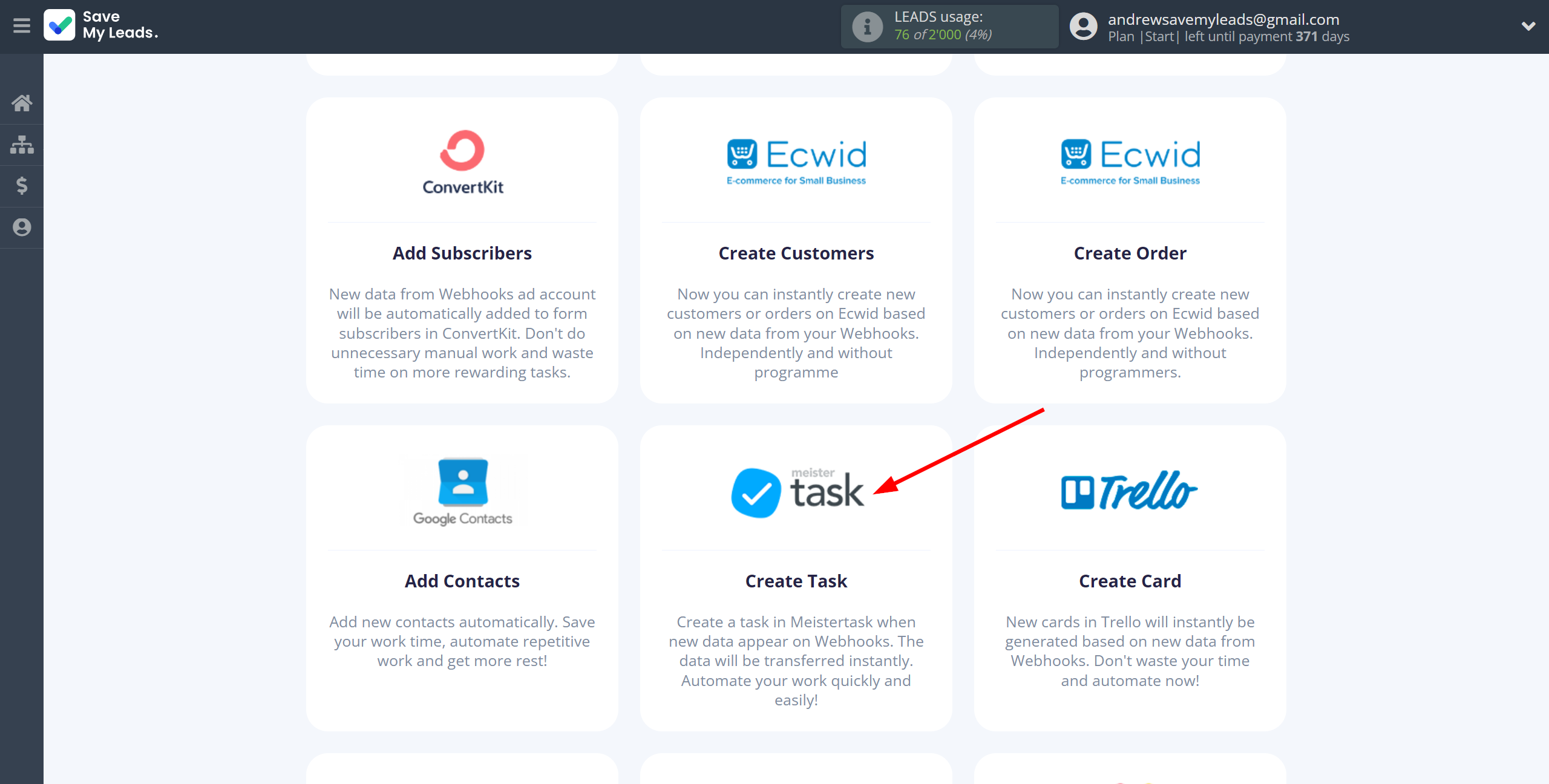 How to Connect Webhooks with MeisterTask | Data Destination system selection