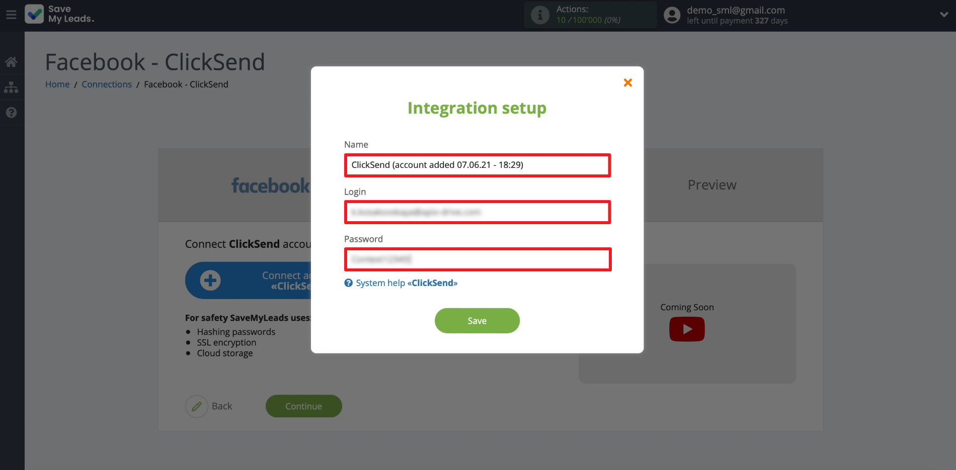 ClickSend and SaveMyLeads integration | Entering data to connect