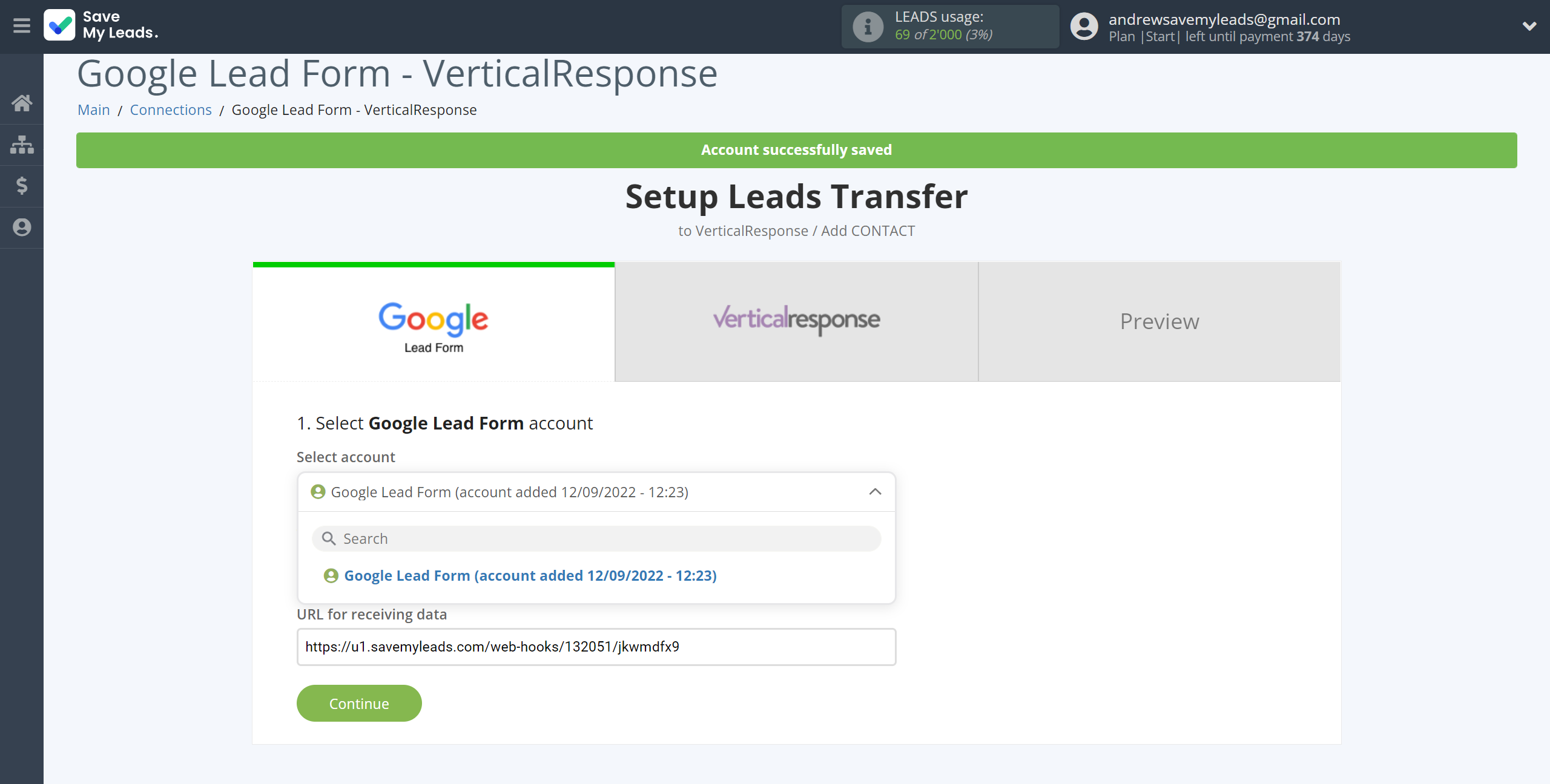 How to Connect Google Lead Form with VerticalResponse | Data Source account selection