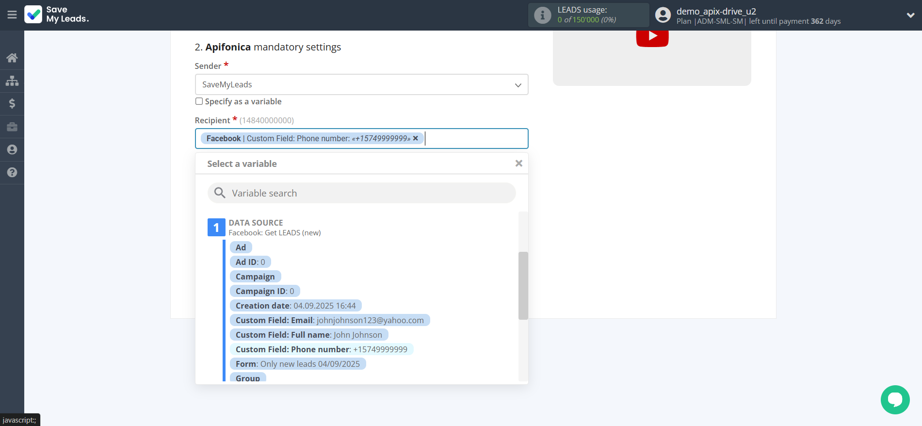 How to Connect Facebook with Apifonica | Assigning fields