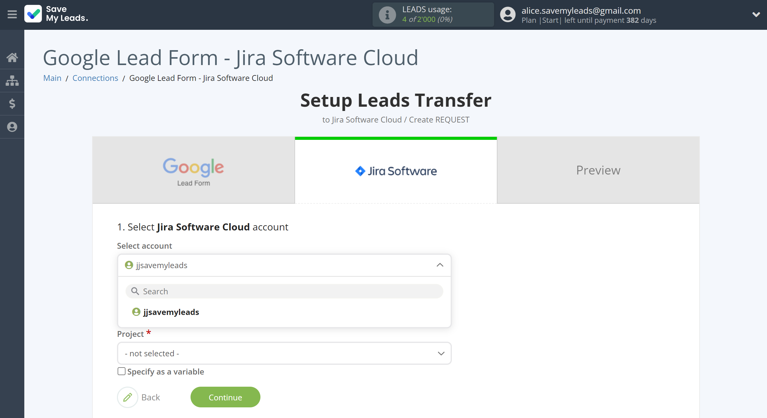 How to Connect Google Lead Form with Jira Software Cloud | Data Destination account selection