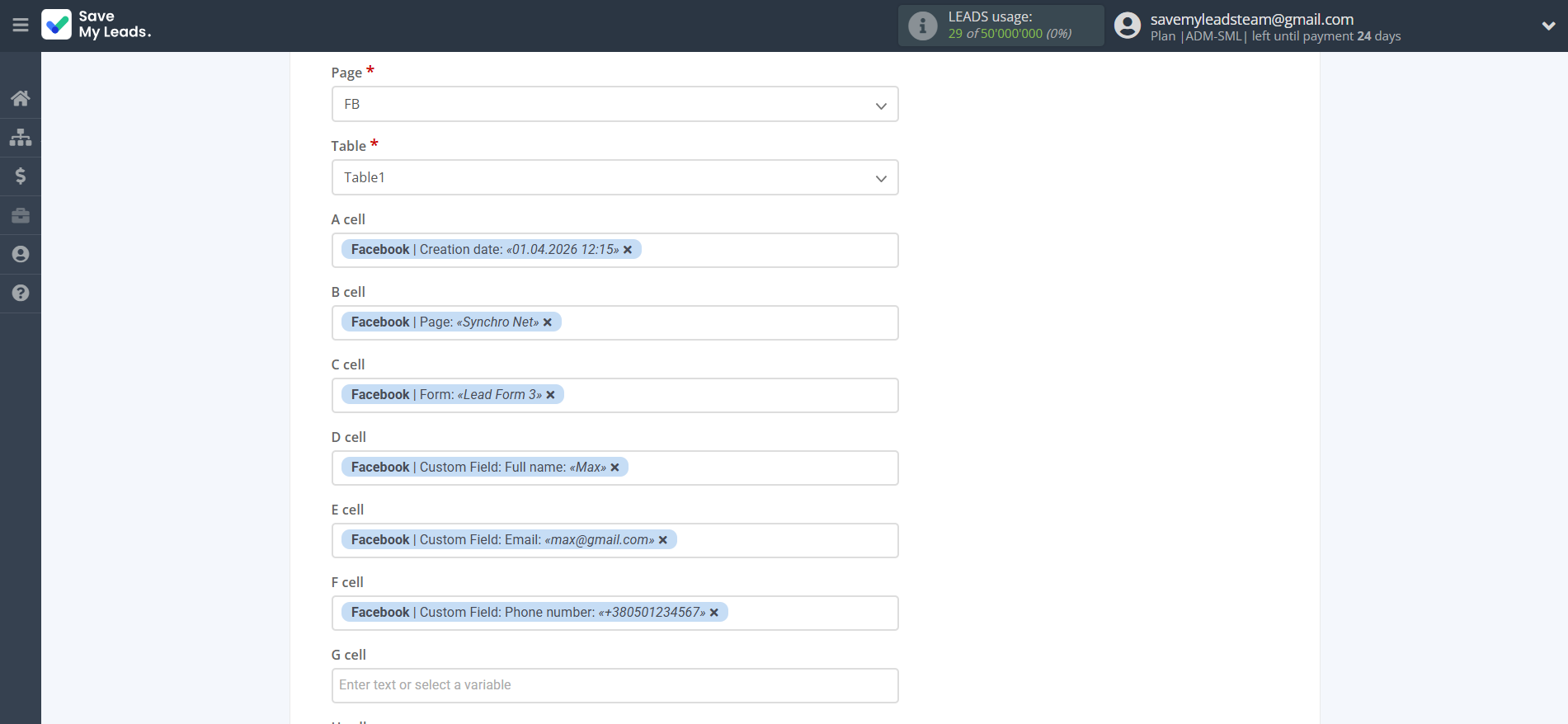 How to Connect Facebook with Rows Add Row | Assigning fields