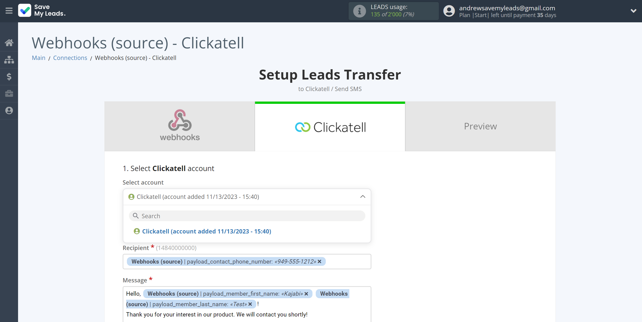 How to Connect Webhooks with Clickatell | Data Destination account selection