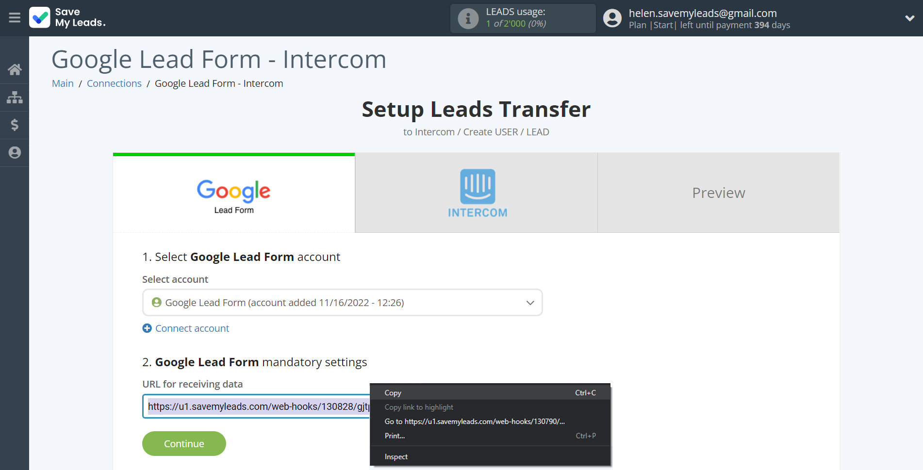 How to Connect Google Lead Form with Intercom | Data Source account connection