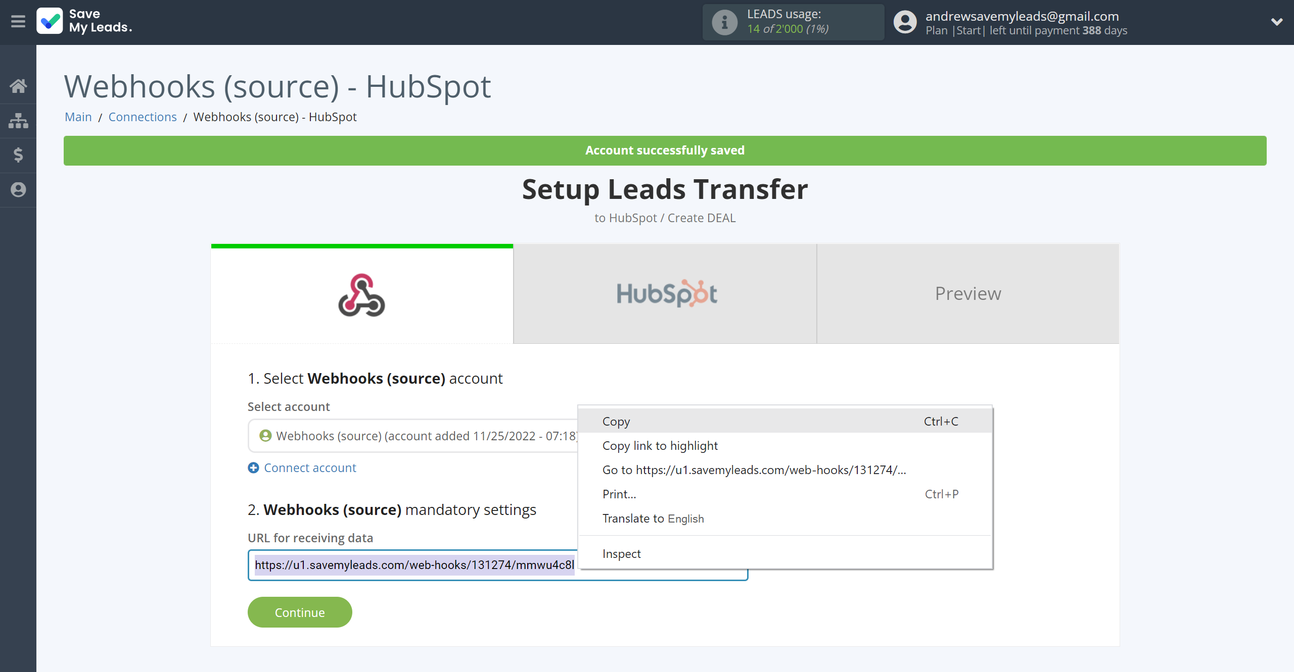 How to Connect Webhooks with HubSpot Create Deal | Data Source account connection