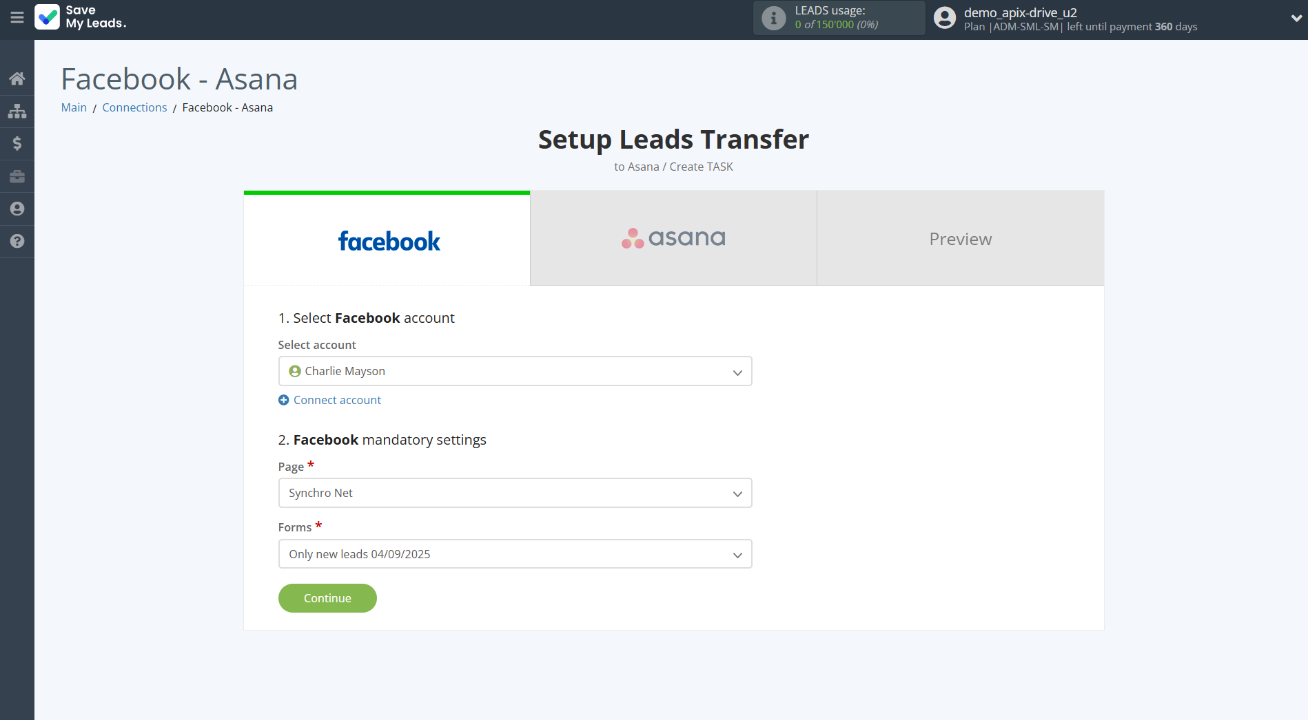 How to Connect Facebook with Asana | Data Source account connection