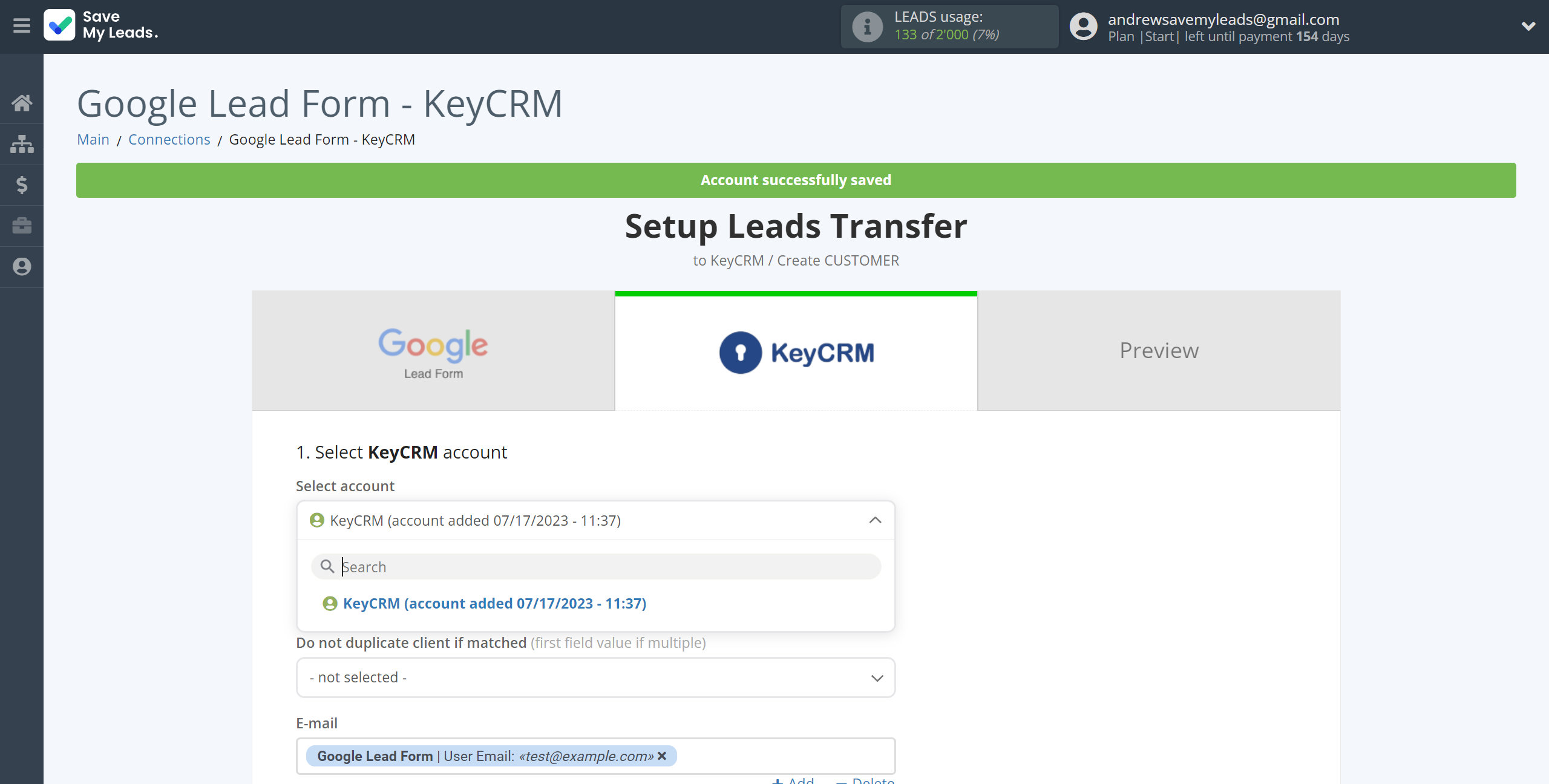 How to Connect Google Lead Form with KeyCRM Create Customer | Data Destination account selection