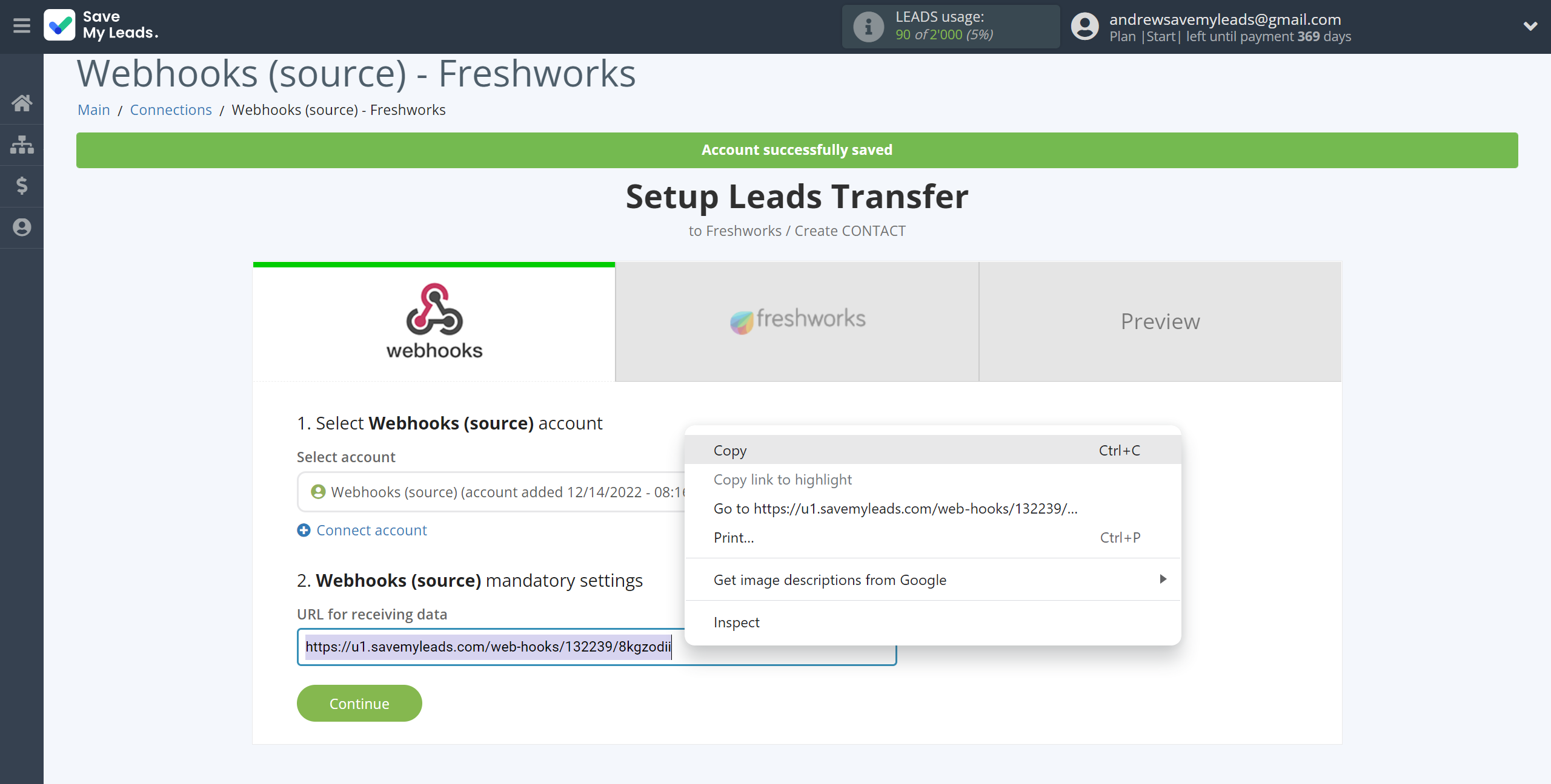 How to Connect Webhooks with Freshworks Create Contacts | Data Source account connection