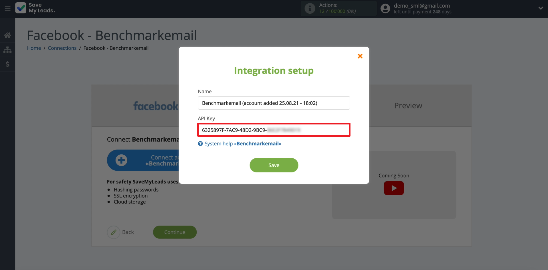 Facebook and Benchmark integration | Entering API Key Facebook and Benchmark integration | Entering API Key