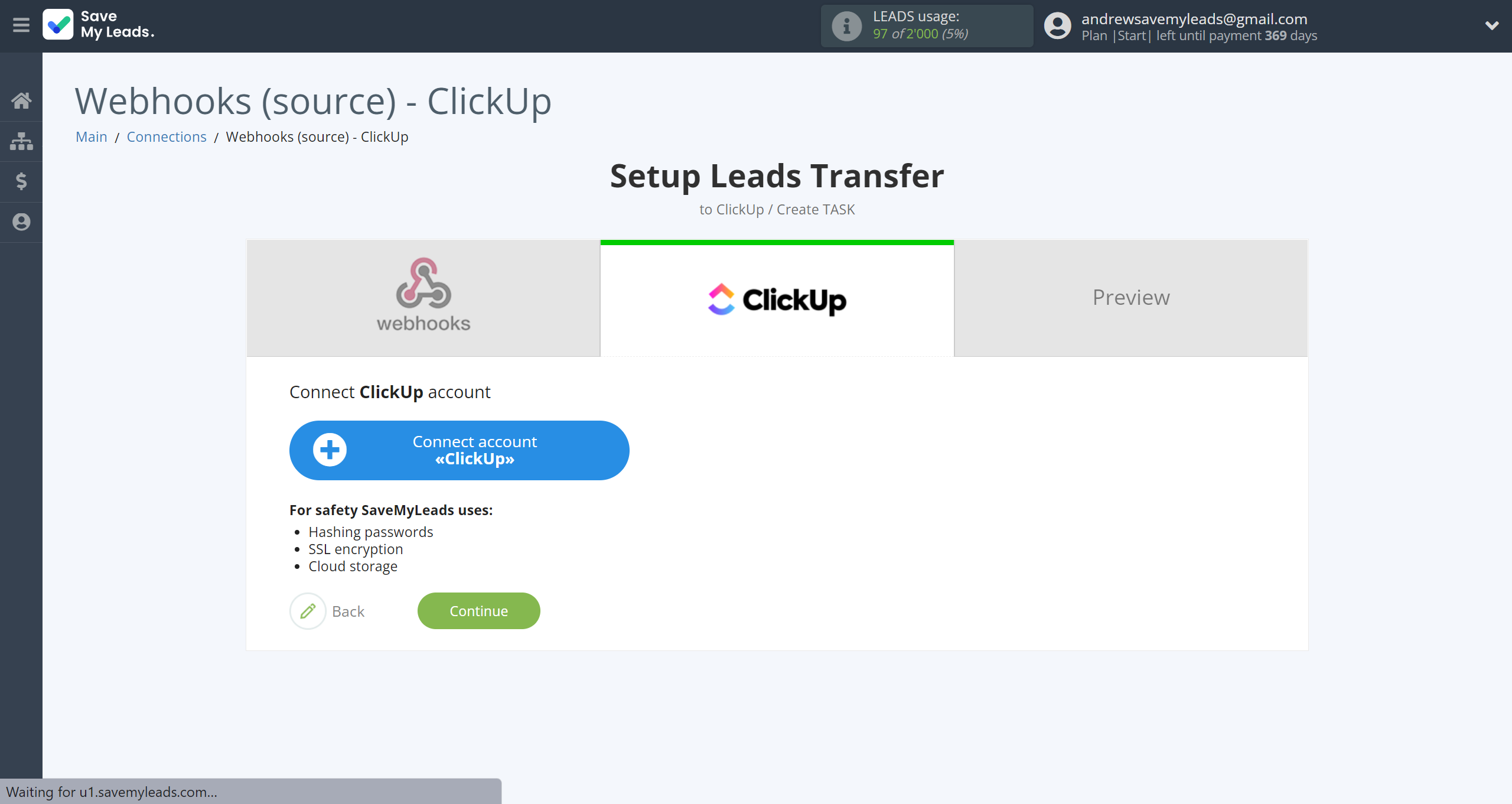 How to Connect Webhooks with ClickUp | Data Destination account connection