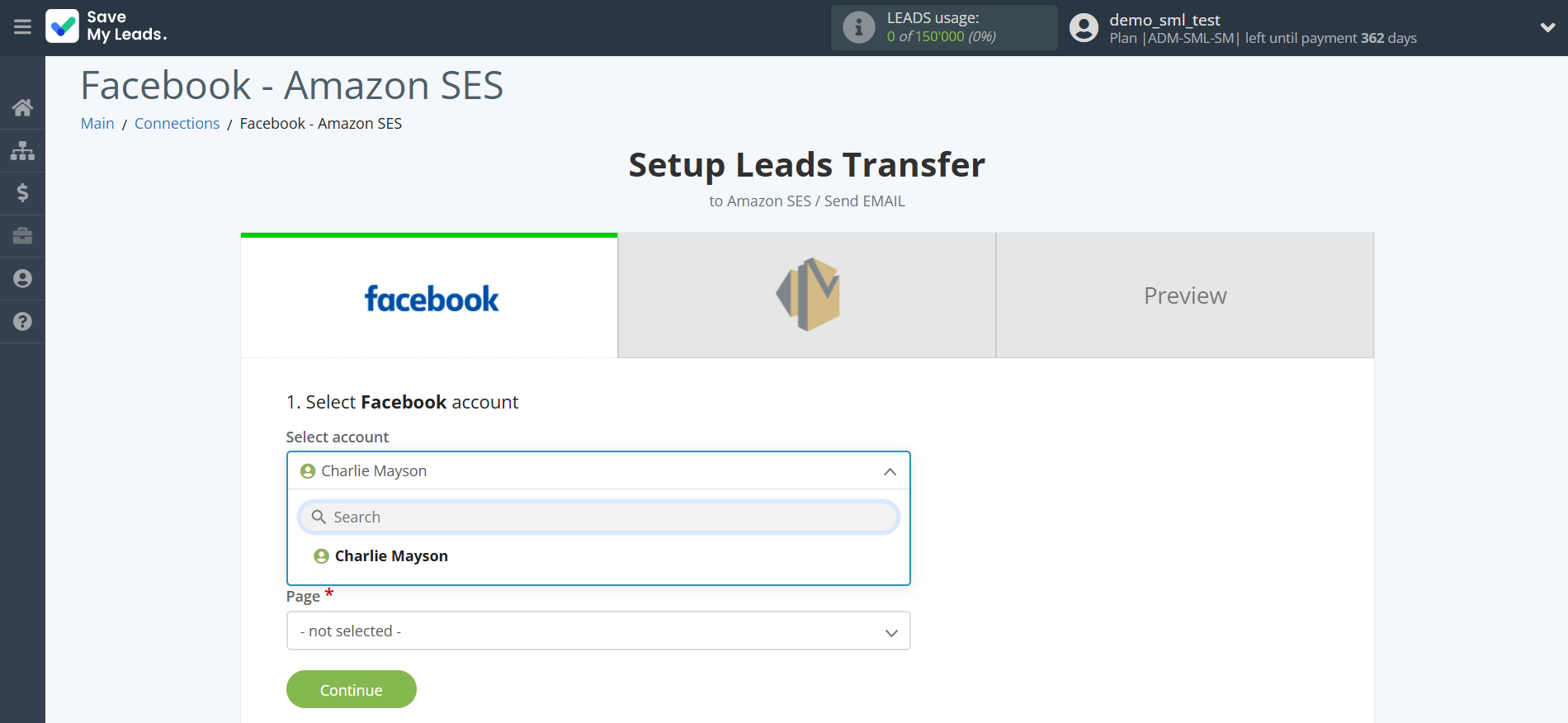 How to Connect Facebook with Amazon SES | Data Source account selection