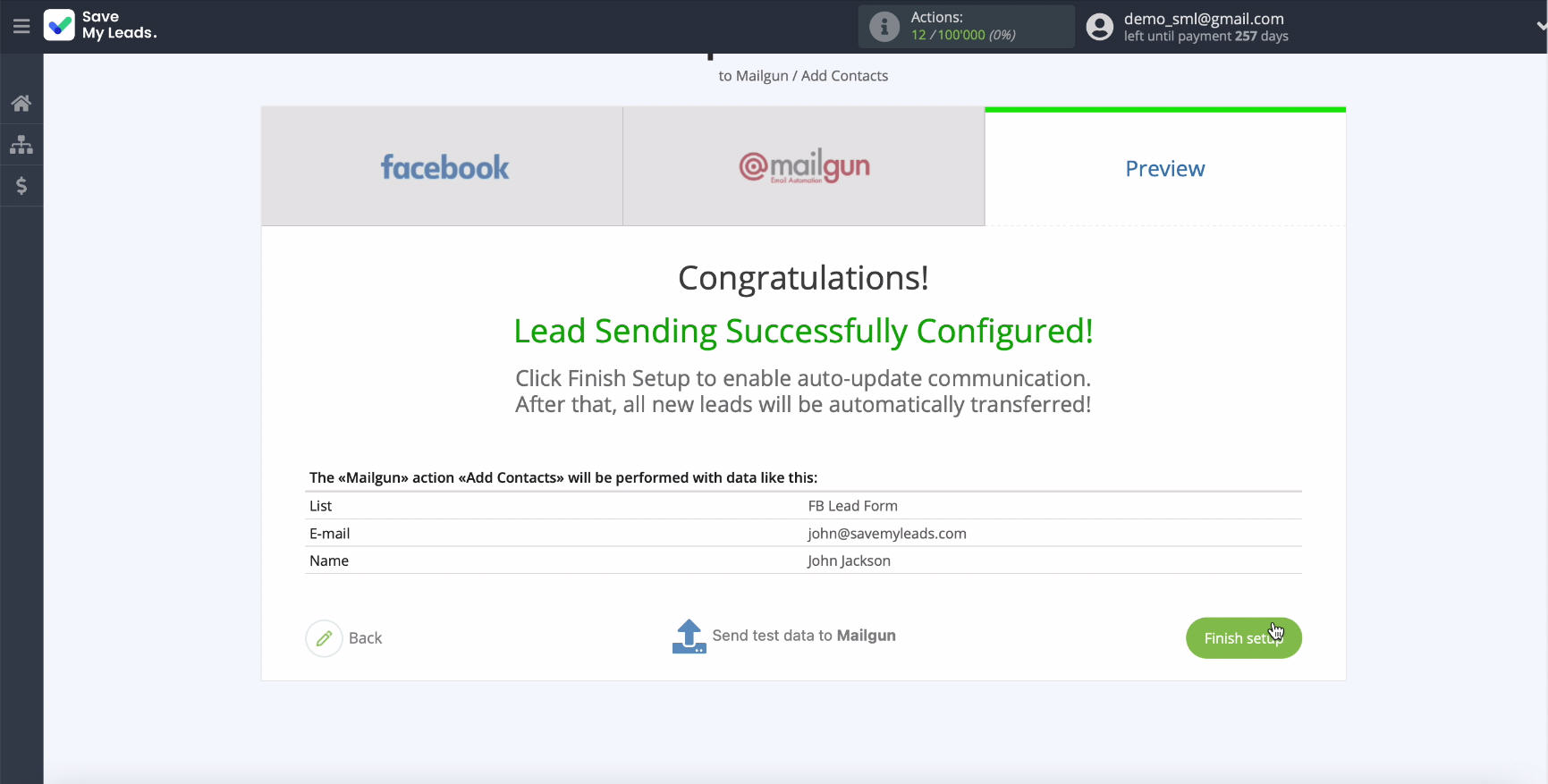Facebook and Mailgun integration | Finish Settings Facebook and Mailgun integration | Finish Settings