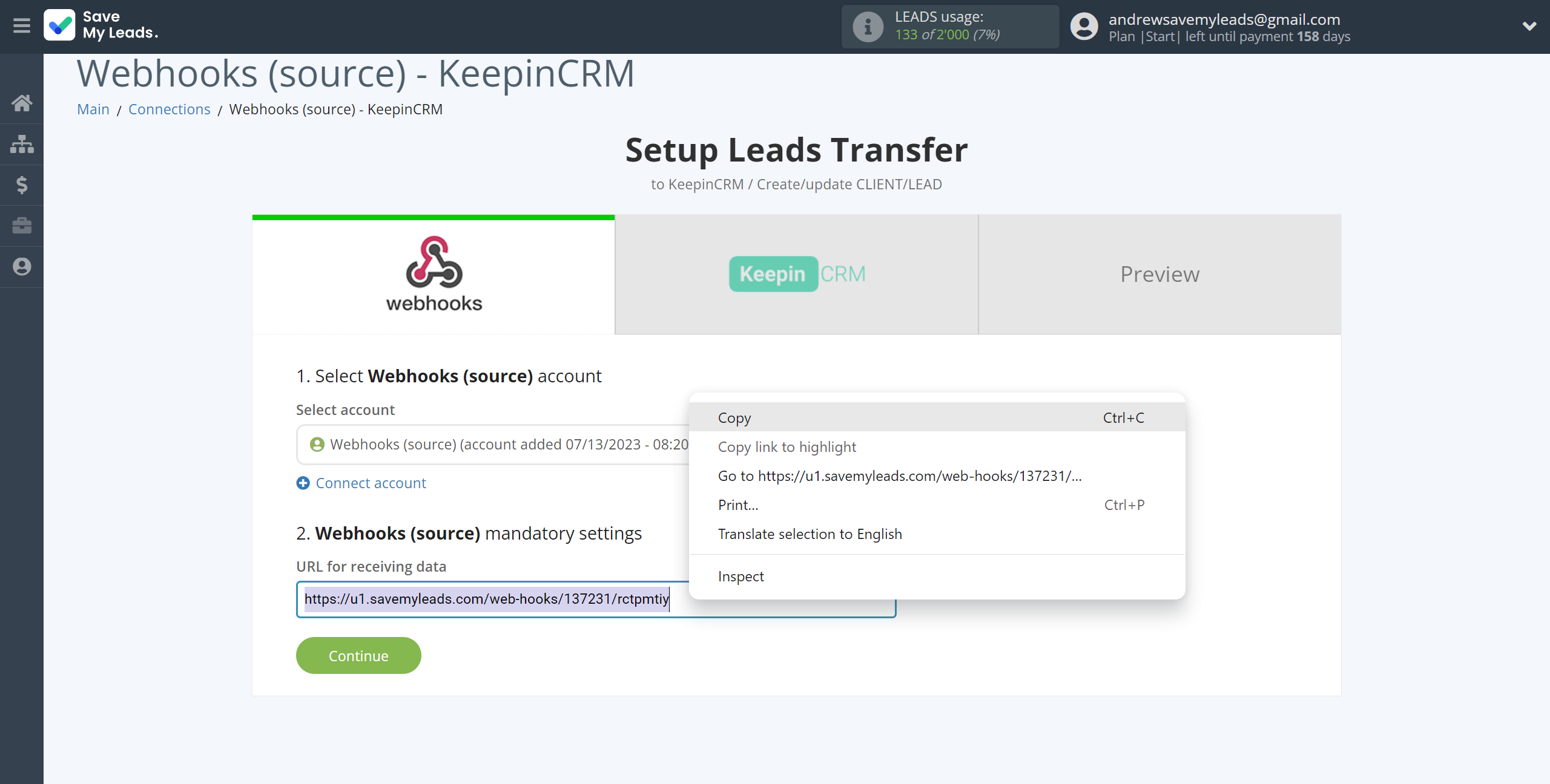 How to Connect Webhooks with KeepinCRM Create/update Client/Lead | Data Source account connection