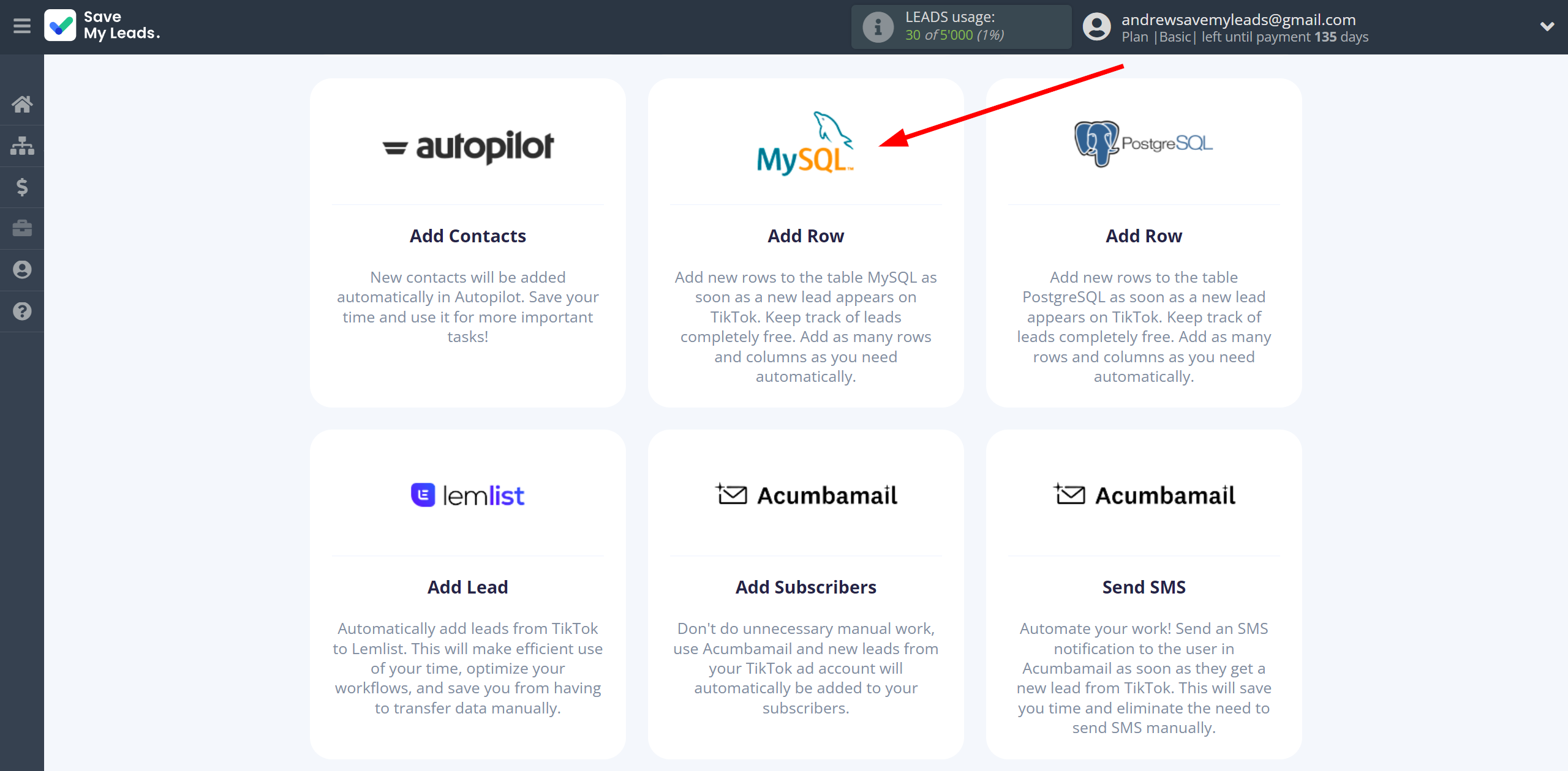 How to Connect TikTok with MySQL | Data Destination system selection