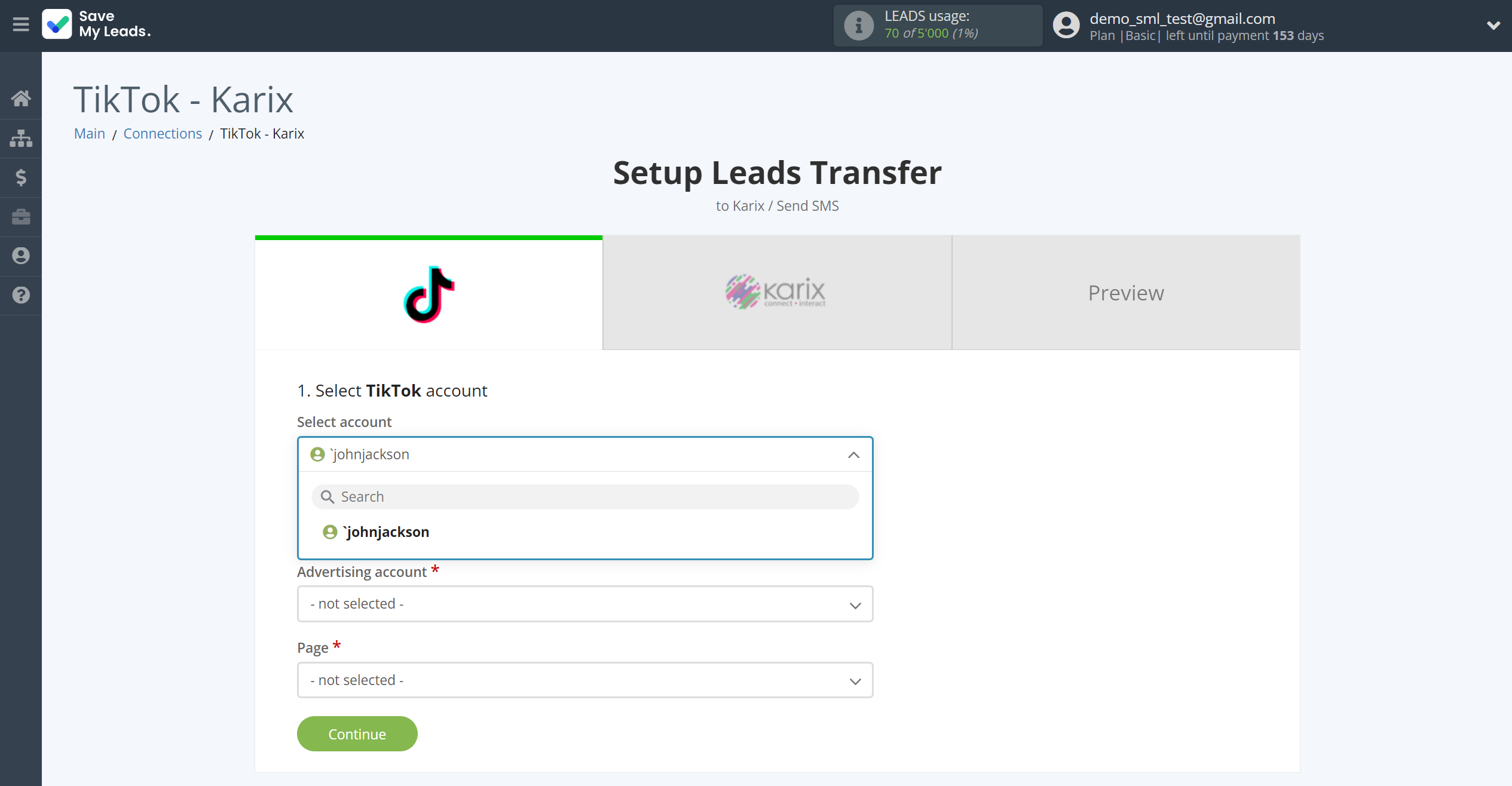 How to Connect TikTok with&nbsp;Karix | Data Source account selection