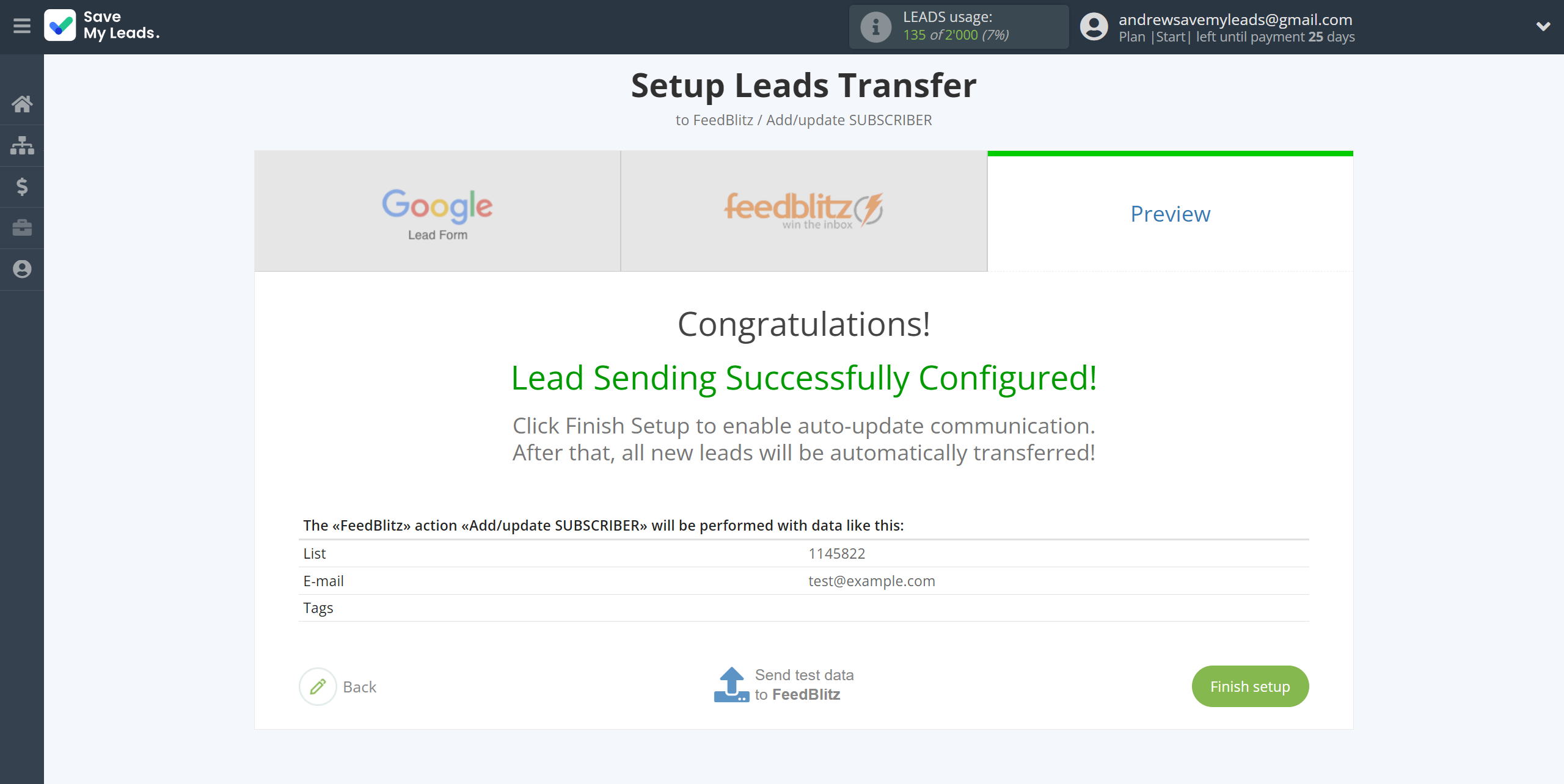 How to Connect Google Lead Form with FeedBlitz | Test data