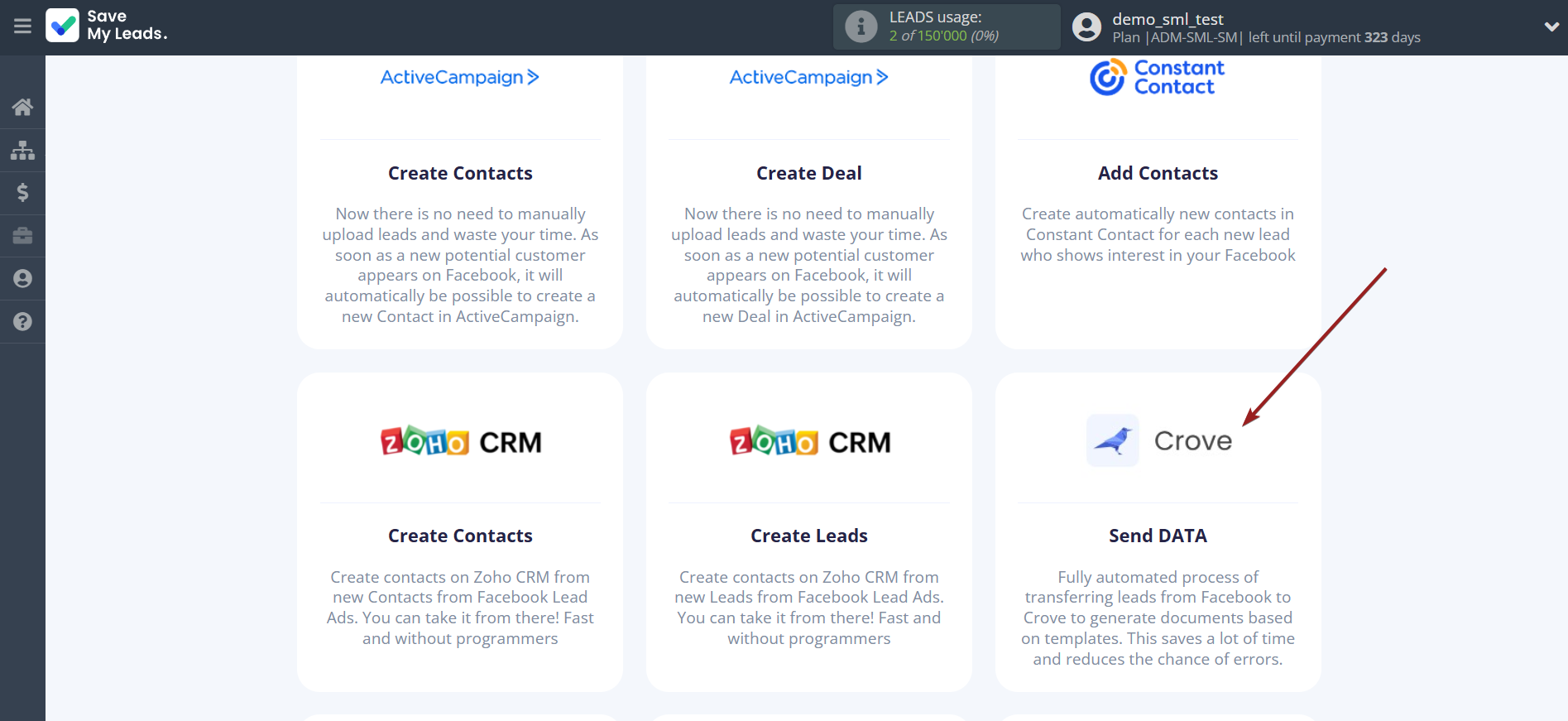 How to Connect Facebook with Crove | Data Destination system selection How to Connect Facebook with Crove | Data Destination system selection
