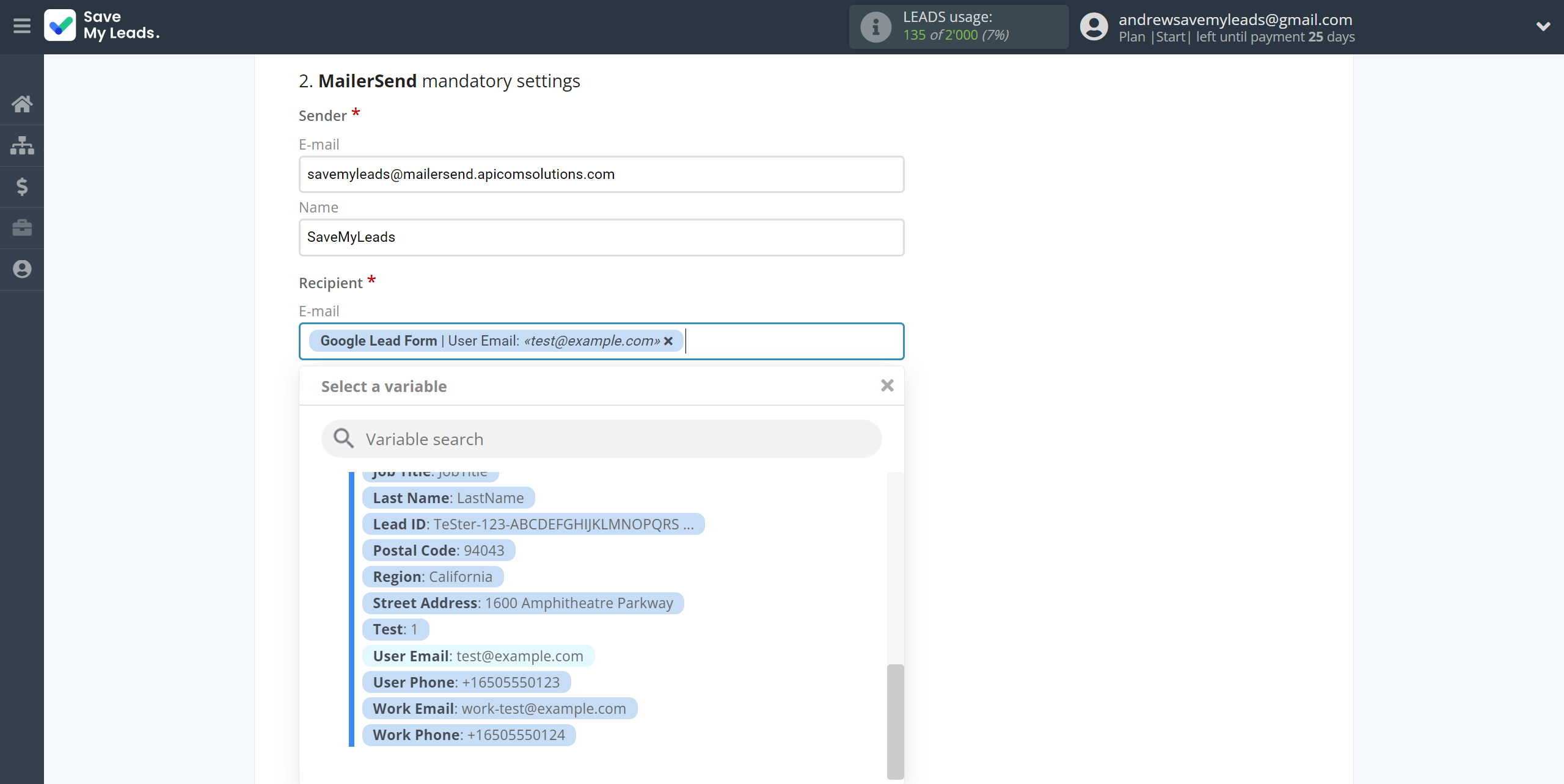 How to Connect Google Lead Form with MailerSend Send Email | Assigning fields