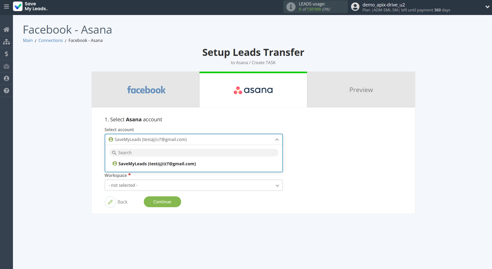 How to Connect Facebook with Asana | Data Destination account selection