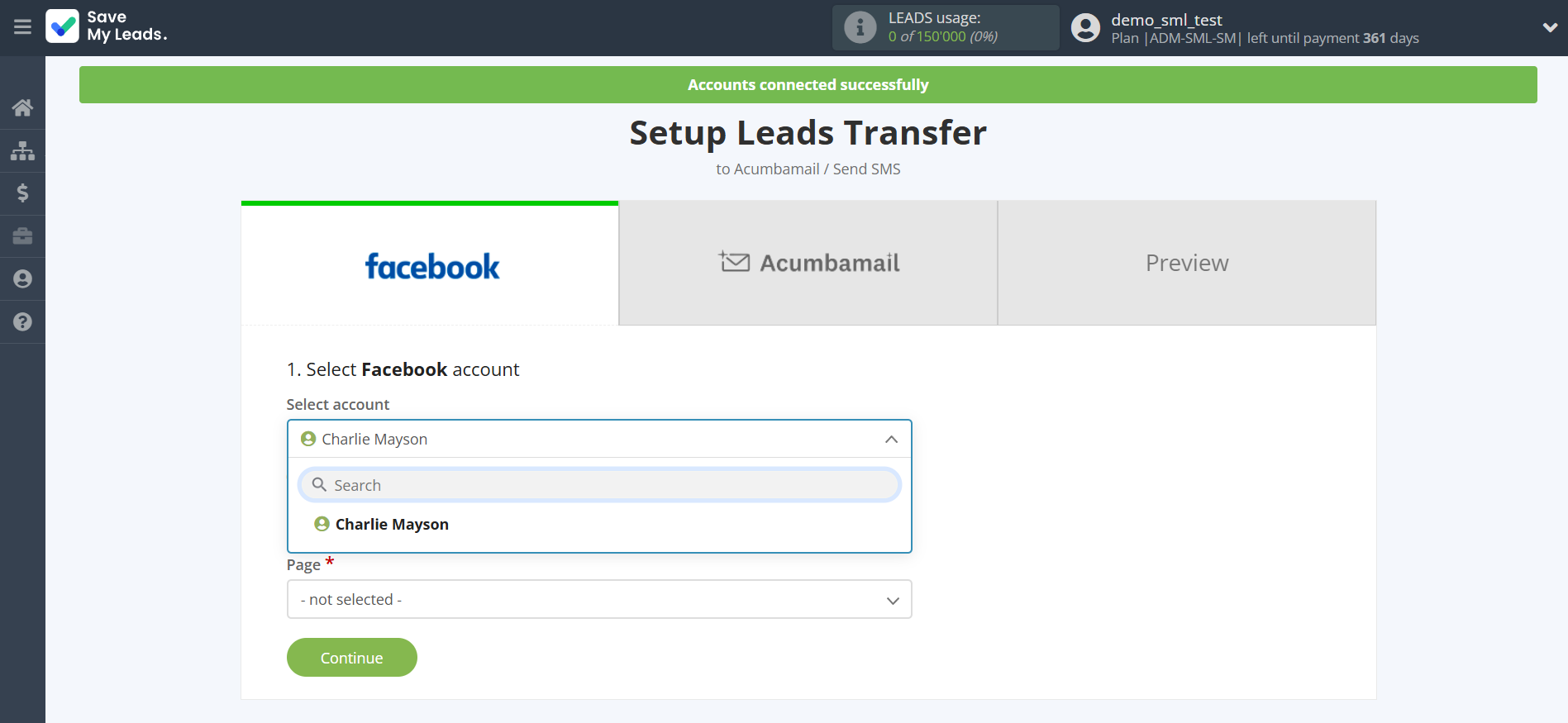 How to Connect Facebook with Acumbamail Send SMS | Data Source account selection