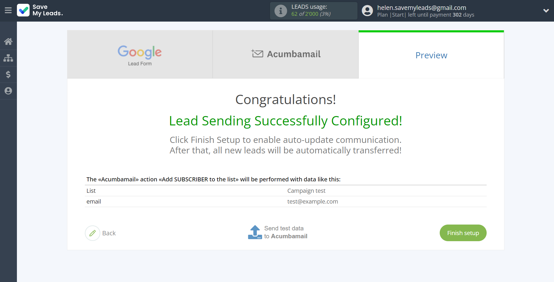 How to Connect Google Lead Form with Acumbamail Add Subscribers | Test data