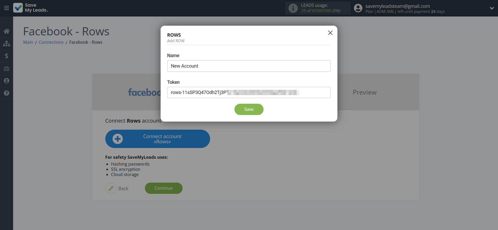 How to Connect Facebook with Rows Add Row | Data Destination account connection
