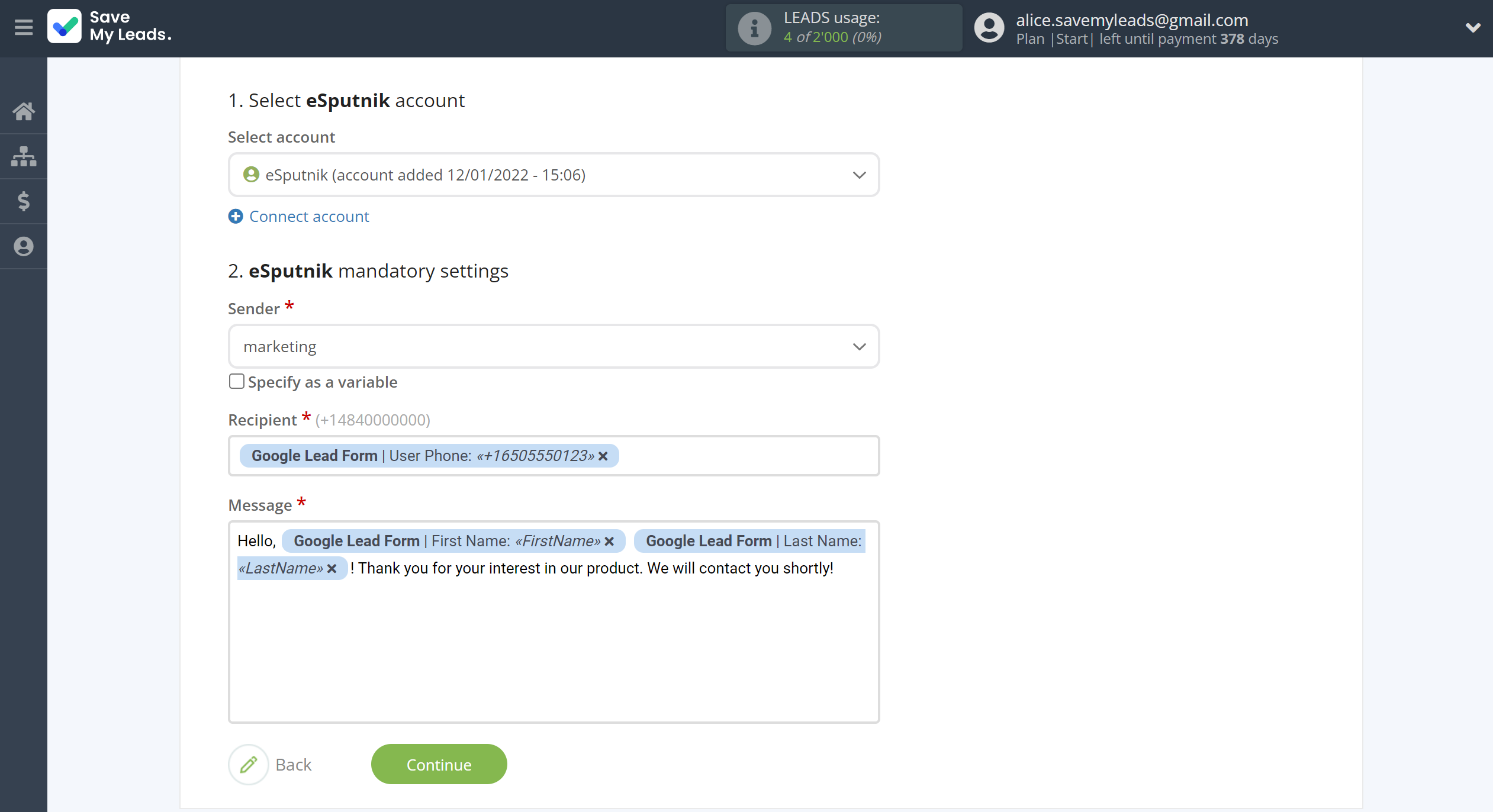 How to Connect Google Lead Form with eSputnik Send SMS | Assigning fields