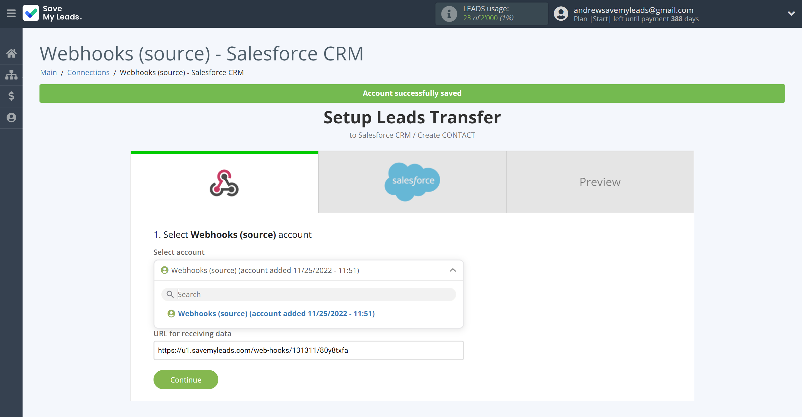 How to Connect Webhooks with Salesforce CRM Create Contacts | Data Source account selection