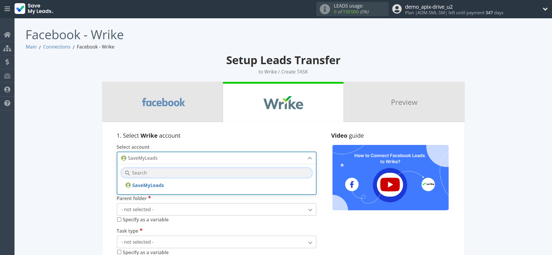 How to Connect Facebook with Wrike | Data Destination account selection How to Connect Facebook with Wrike | Data Destination account selection