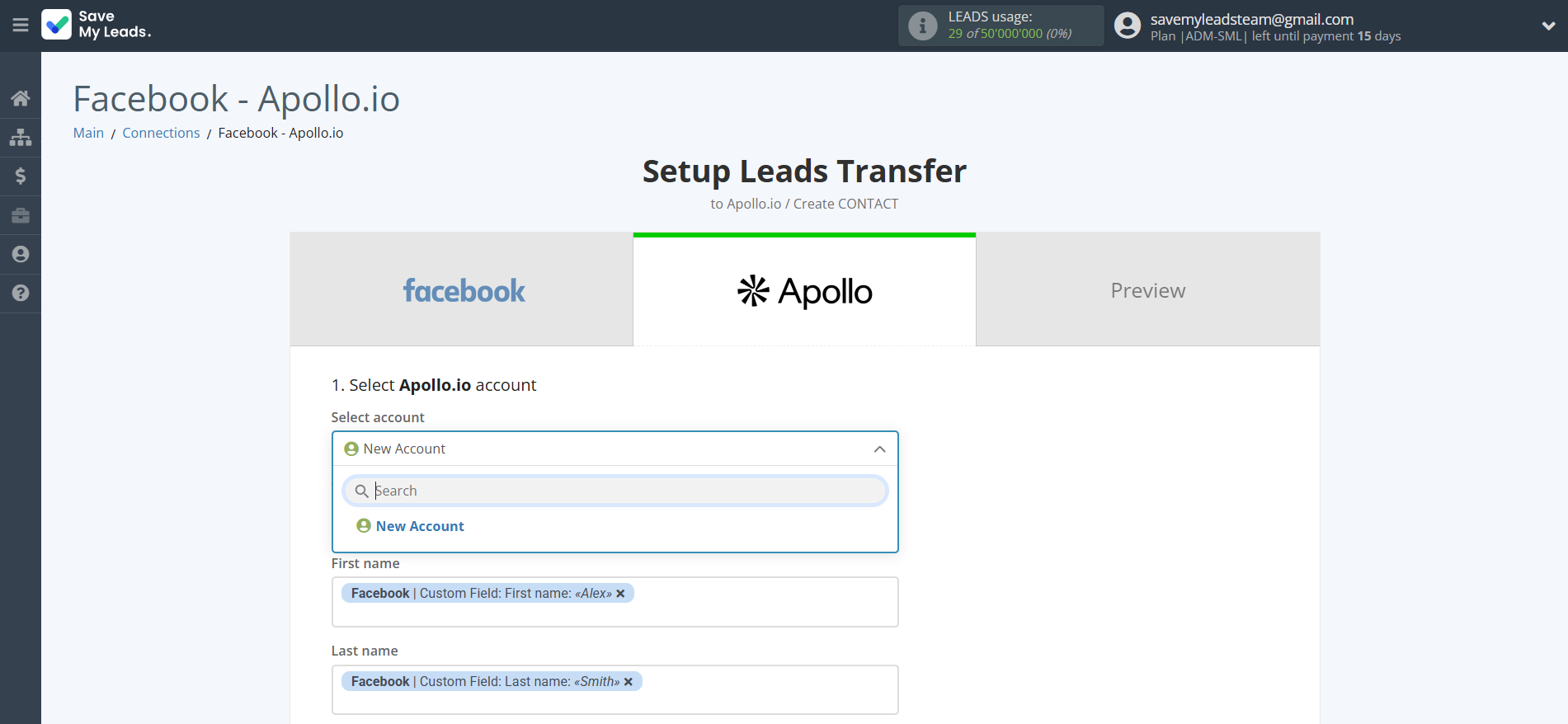 How to Connect Facebook with Apollo.io Create Contacts | Data Destination account selection How to Connect Facebook with Apollo.io Create Contacts | Data Destination account selection