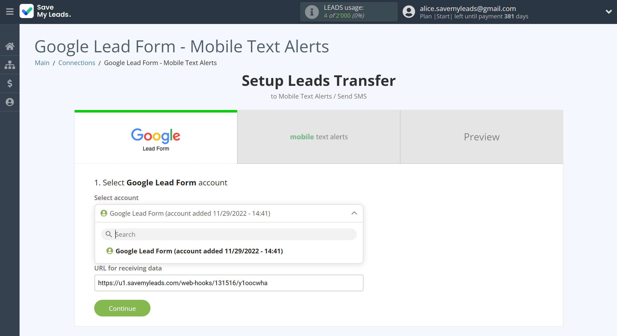 How to Connect Google Lead Form with Mobile Text Alerts | Data Source account selection