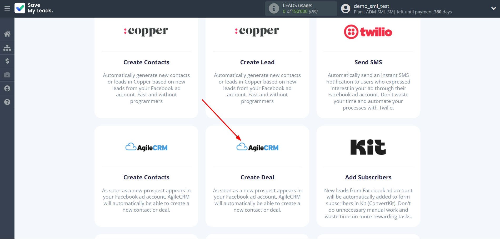 How to Connect Facebook with AgileCRM Create Deal | Data Destination system selection