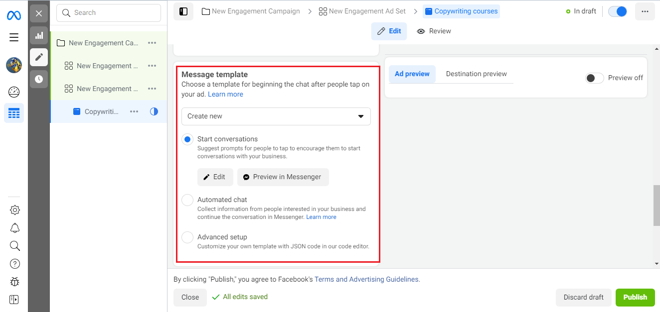 Creating an ad in Facebook (Meta) Ads Manager | Message template