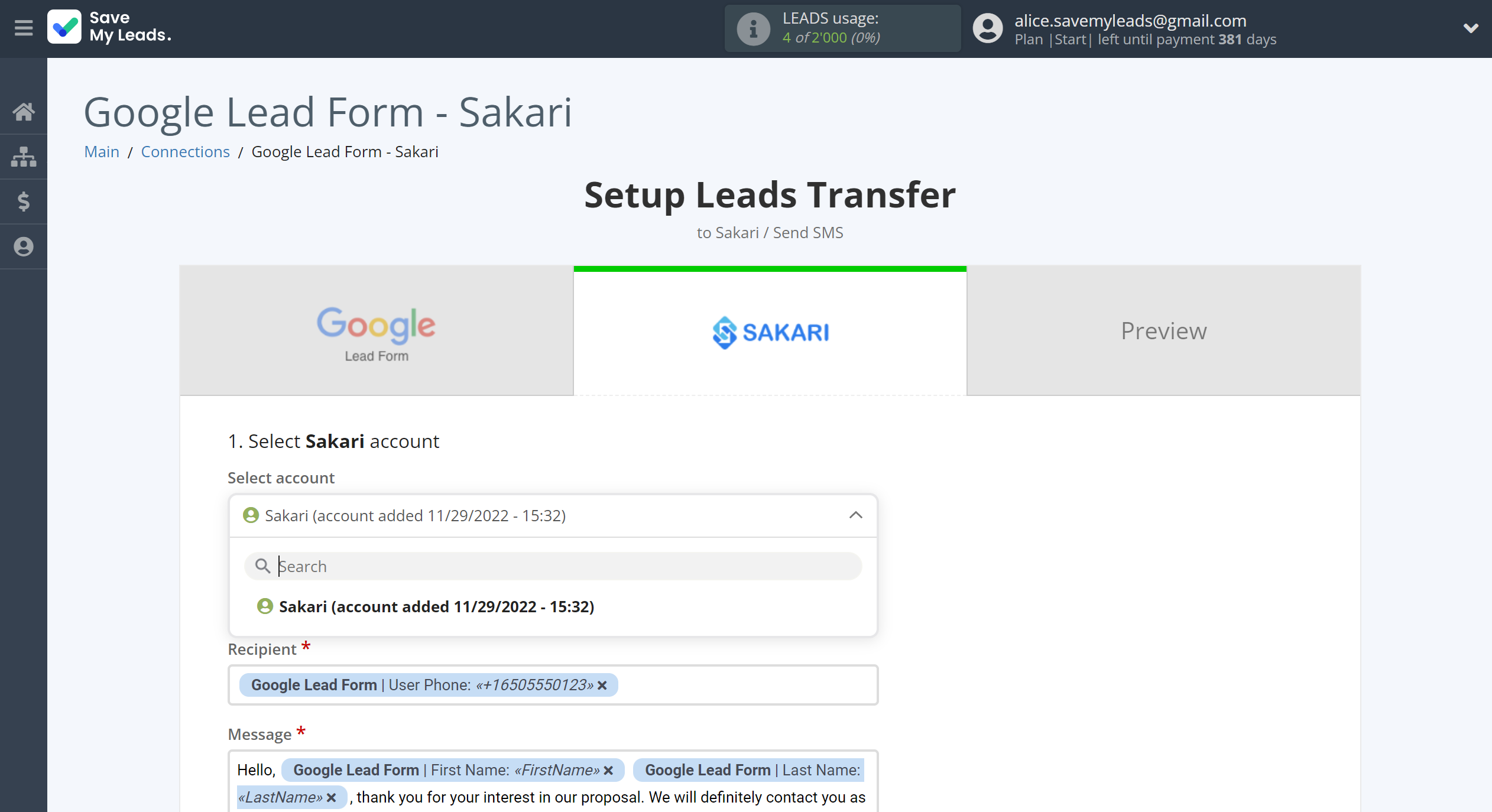 How to Connect Google Lead Form with Sakari | Data Destination account selection