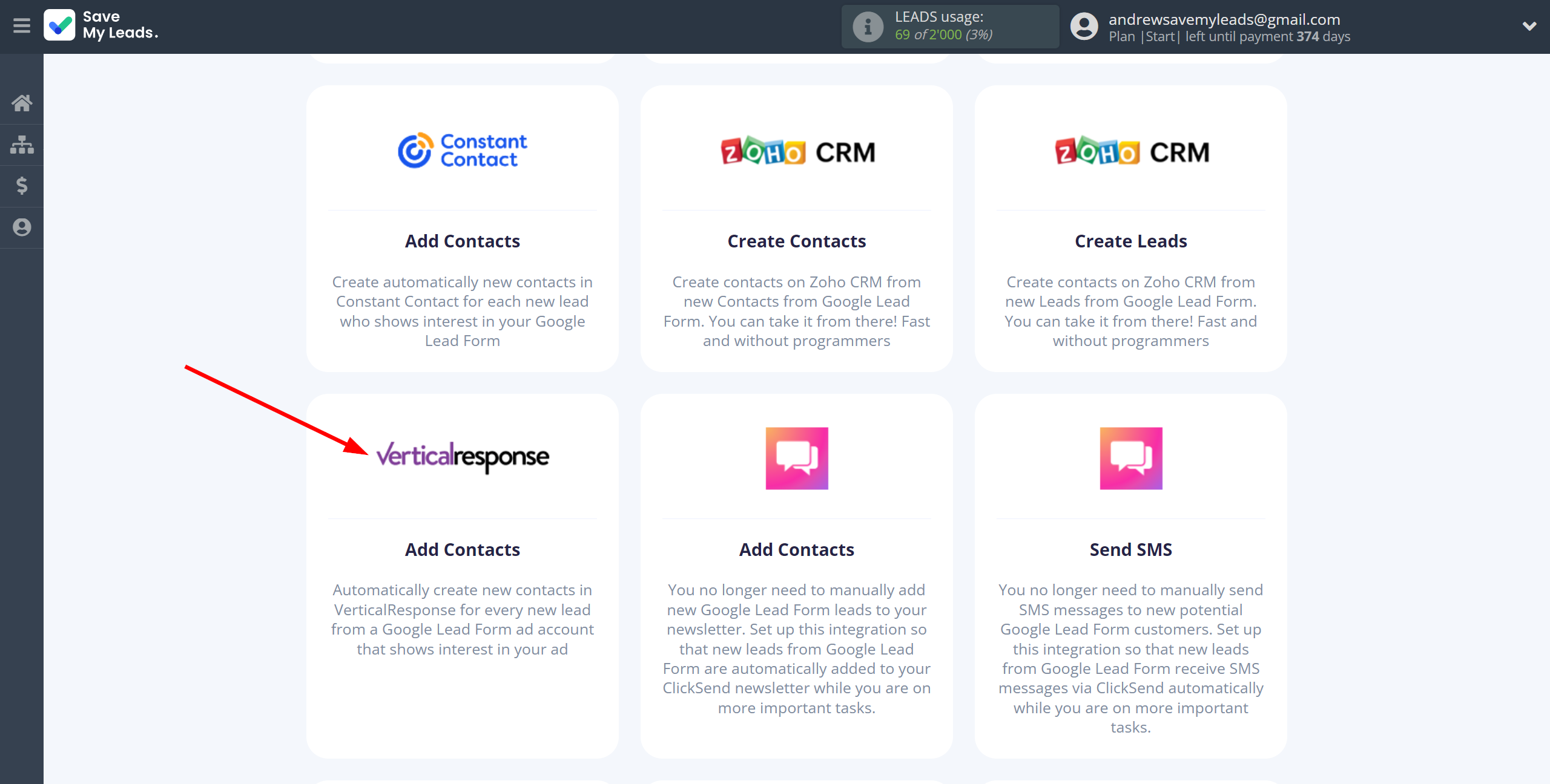 How to Connect Google Lead Form with VerticalResponse | Data Destination system selection