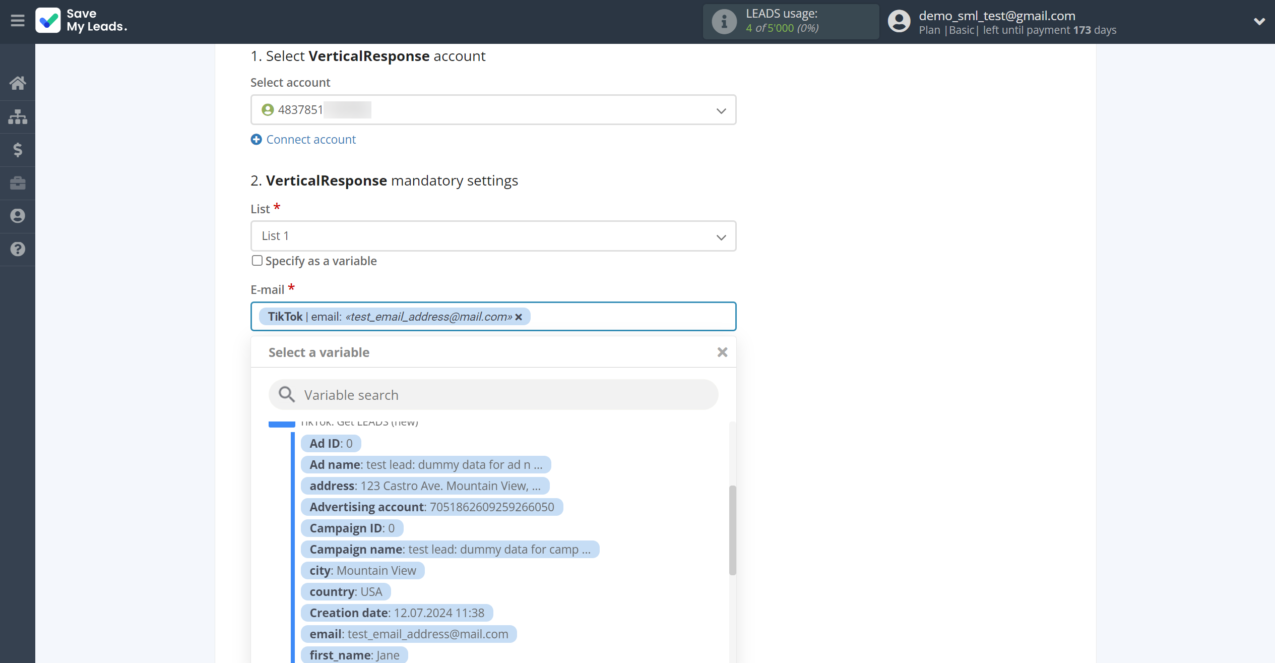 How to Connect TikTok with VerticalResponse | Assigning fields