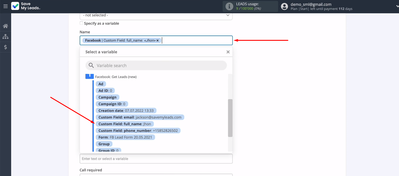 Facebook and Simla integration | Assign variables to Simla fields Facebook and Simla integration | Assign variables to Simla fields