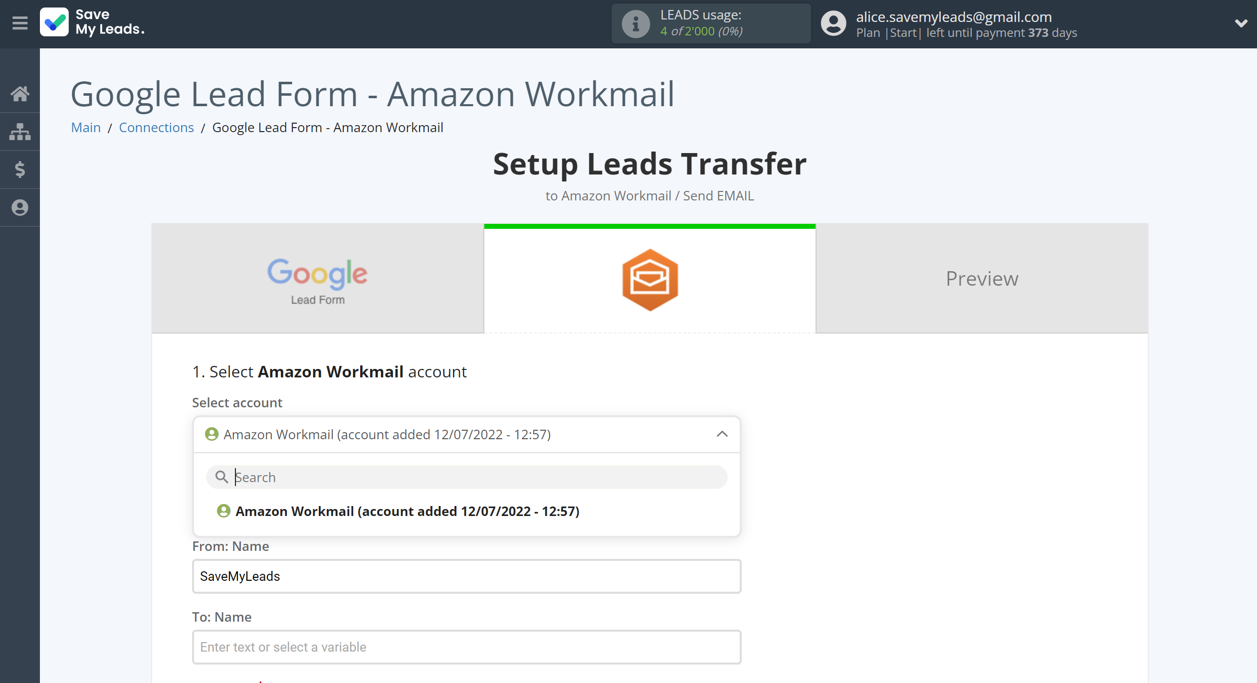 How to Connect Google Lead Form with Amazon Workmail | Data Destination account selection