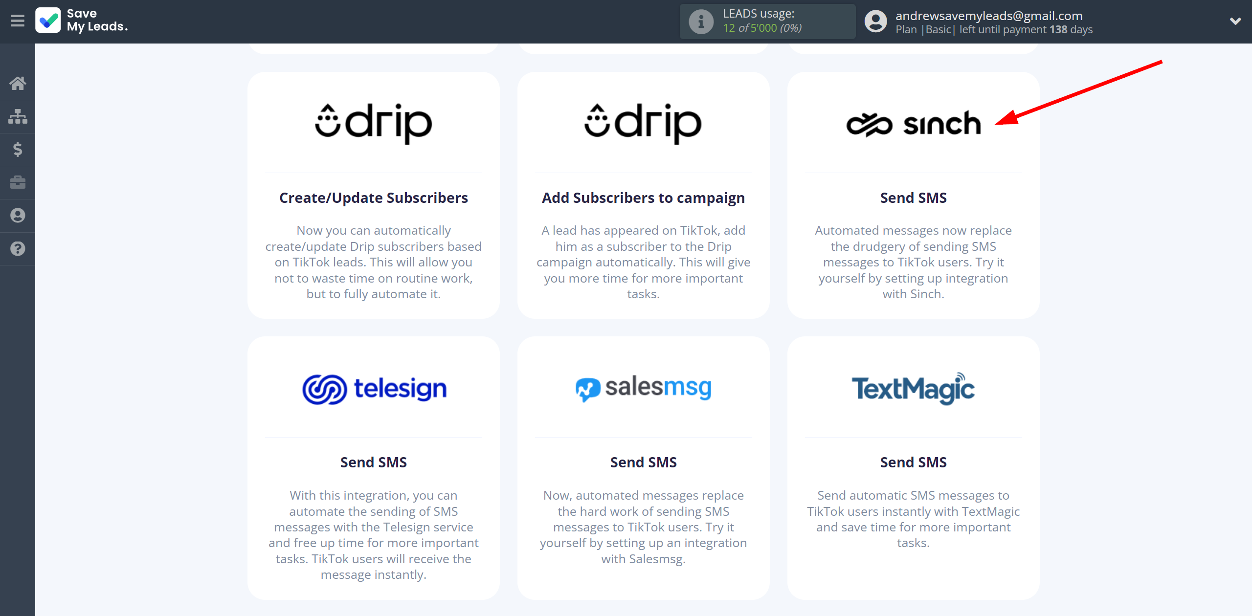 How to Connect TikTok with Sinch | Data Destination system selection