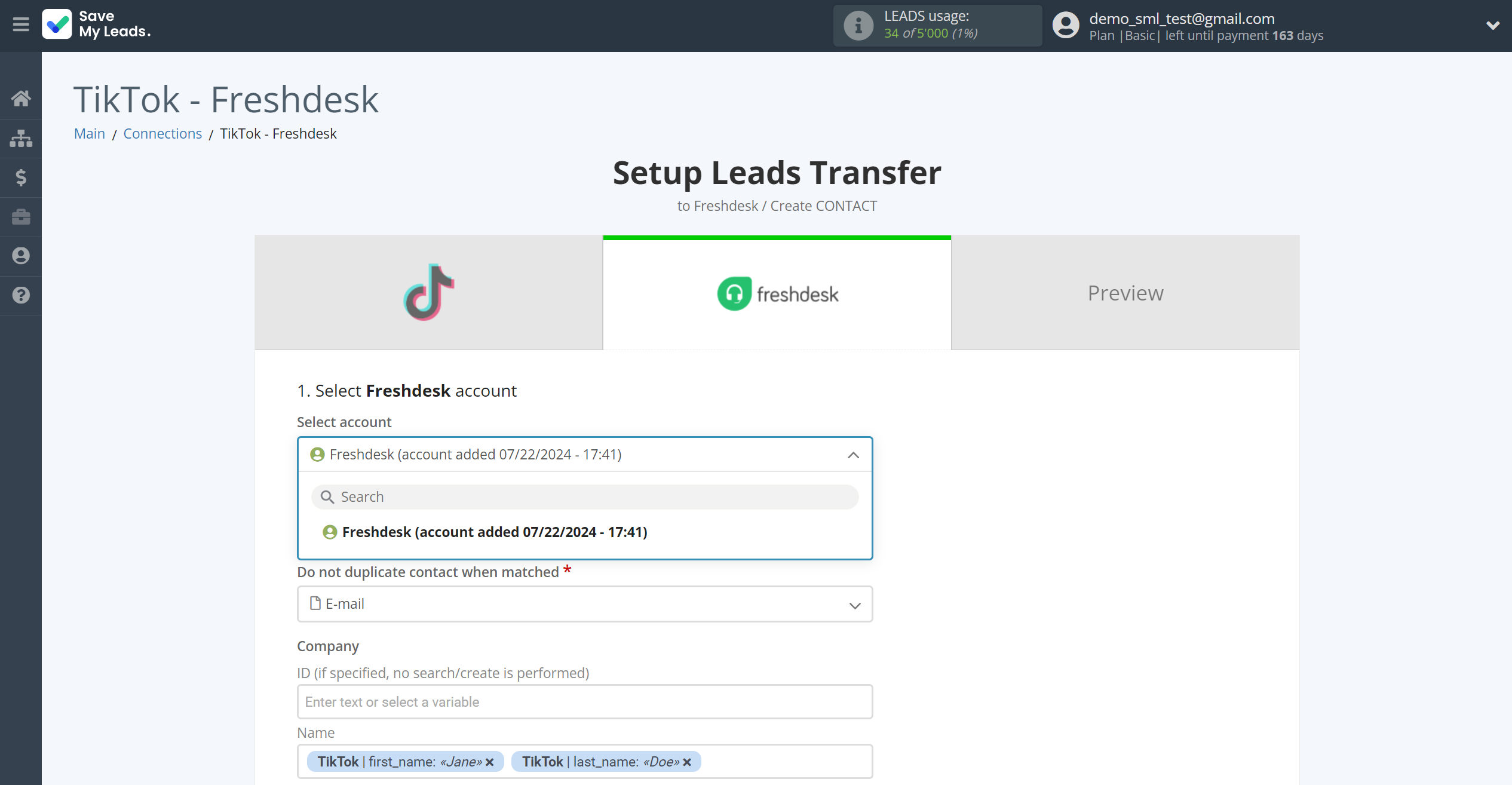 How to Connect TikTok with Freshdesk Create Contacts | Data Destination account selection