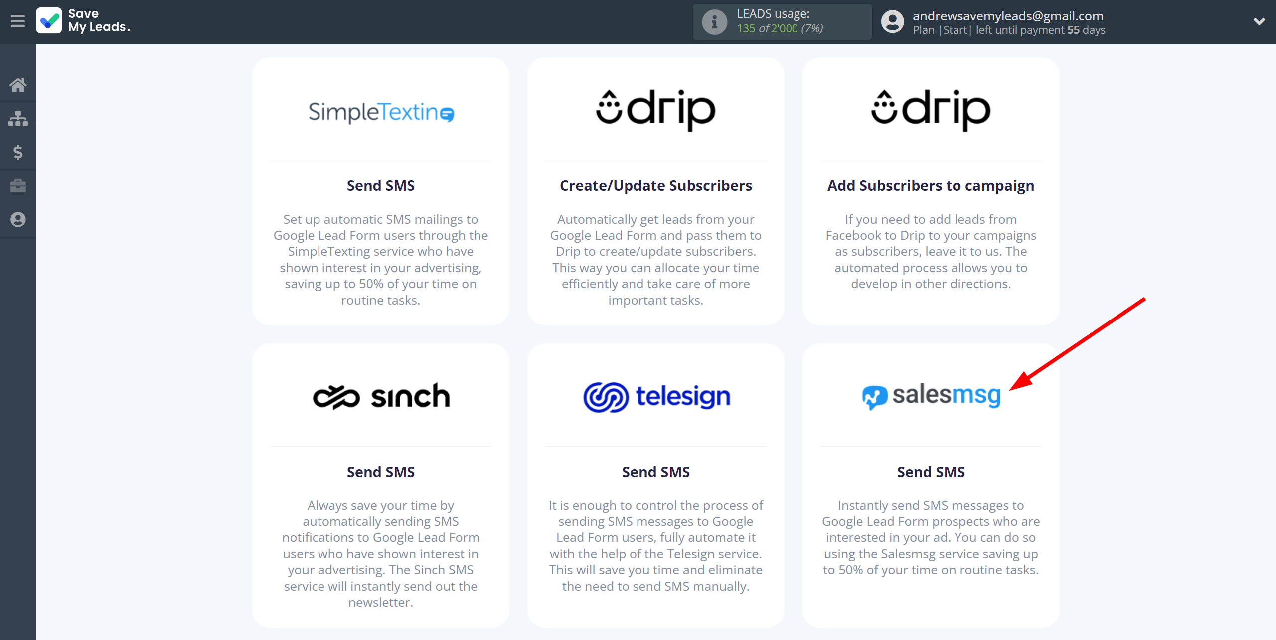 How to Connect Google Lead Form with Salesmsg | Data Destination system selection