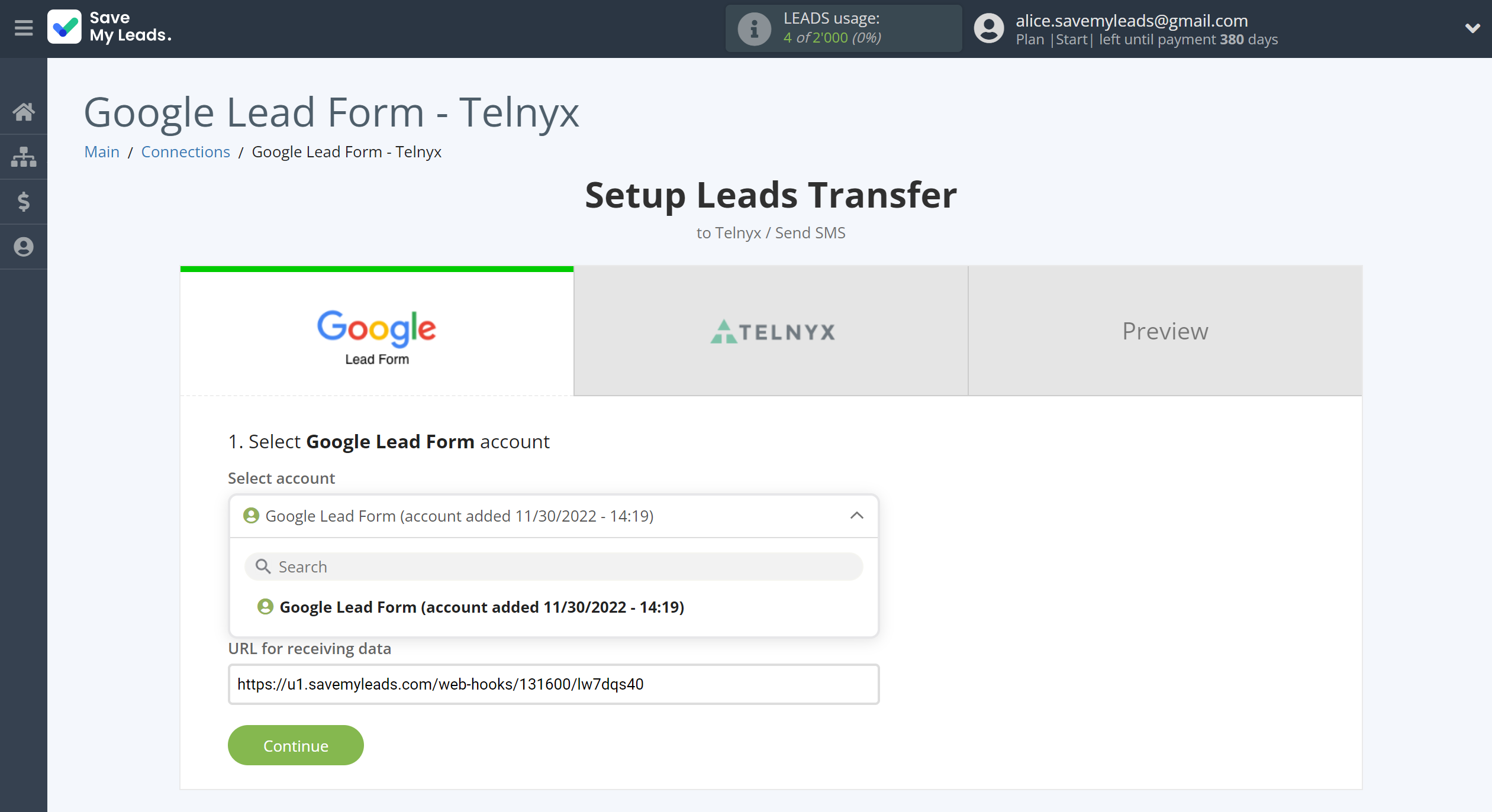 How to Connect Google Lead Form with Telnyx | Data Source account selection