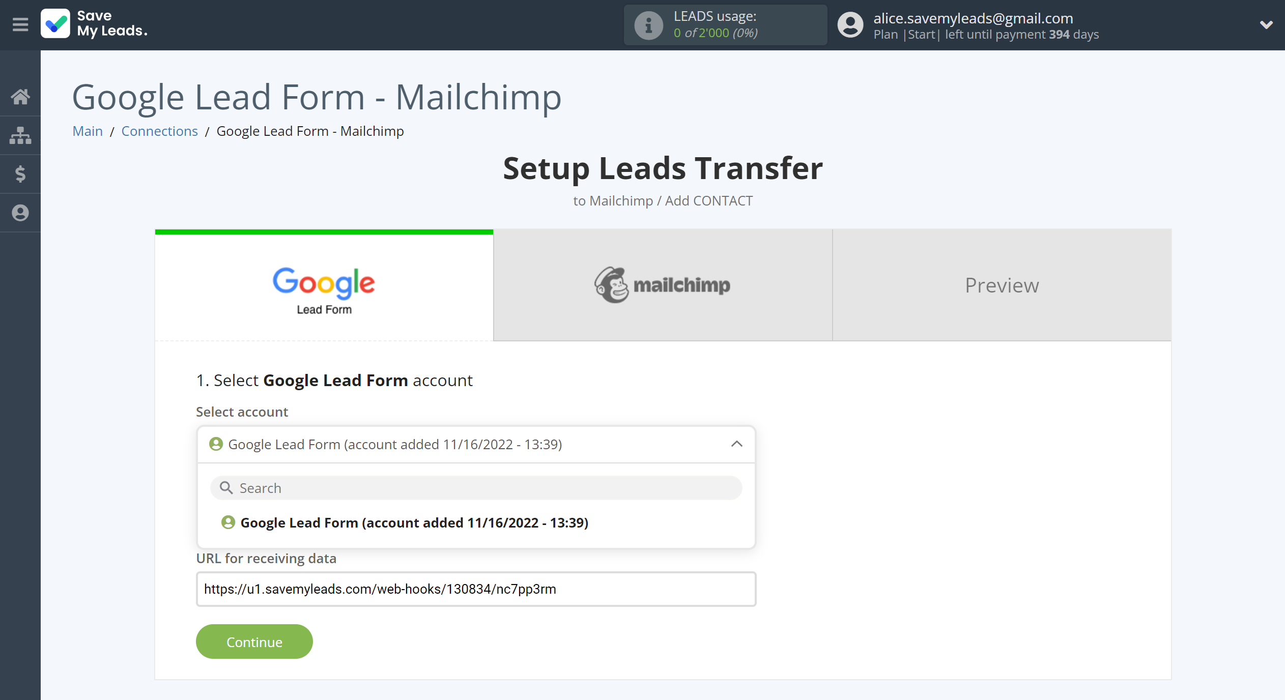How to Connect Google Lead Form with MailChimp | Data Source account selection
