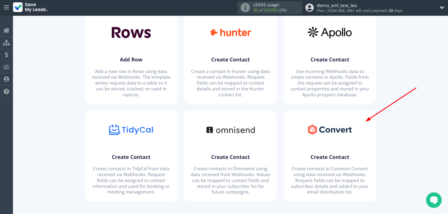How to Connect Webhooks with ConvesioConvert | Data Destination system selection