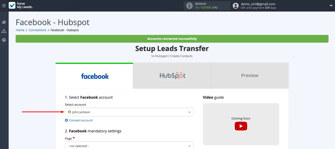 Facebook and Hubspot integration | The FB account in the list of available ones