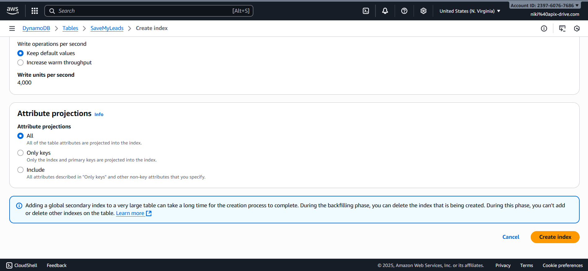 How to Connect Facebook with Amazon DynamoDB | Creating table