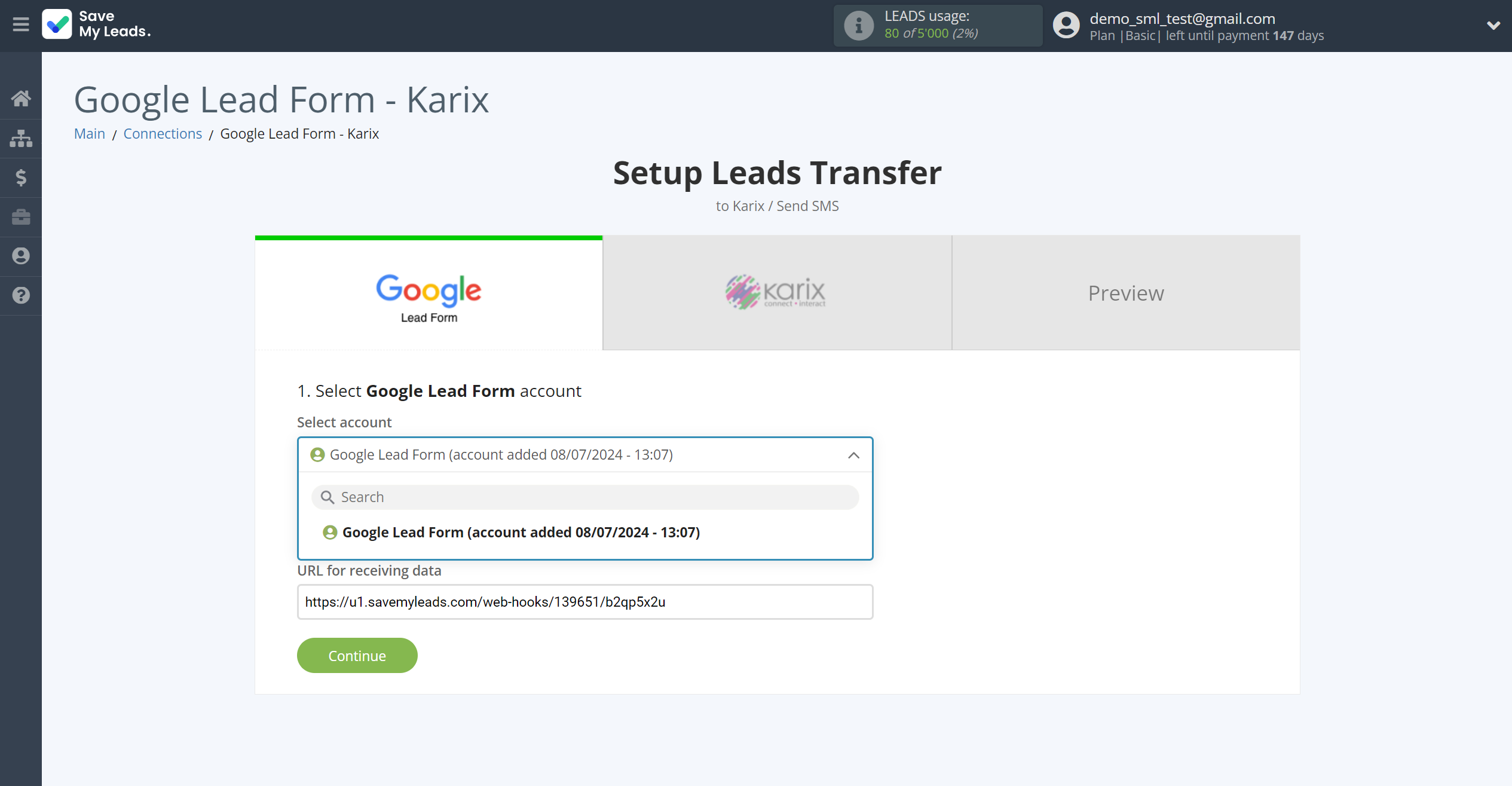 How to Connect Google Lead Form with Karix | Data Source account selection